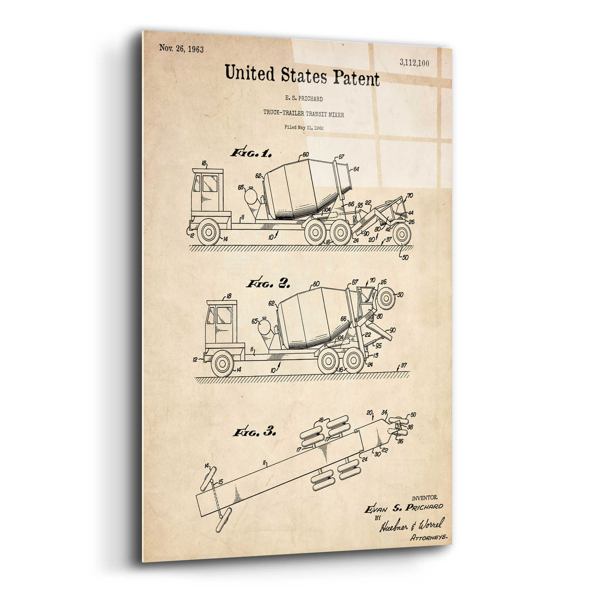 Epic Art 'Truck Trailer Transit Mixer Blueprint Patent Parchment,' Acrylic Glass Wall Art,12x16