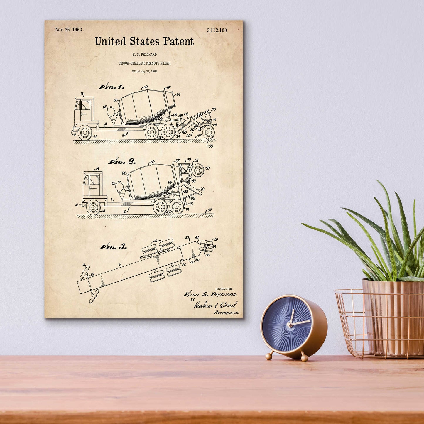 Epic Art 'Truck Trailer Transit Mixer Blueprint Patent Parchment,' Acrylic Glass Wall Art,12x16