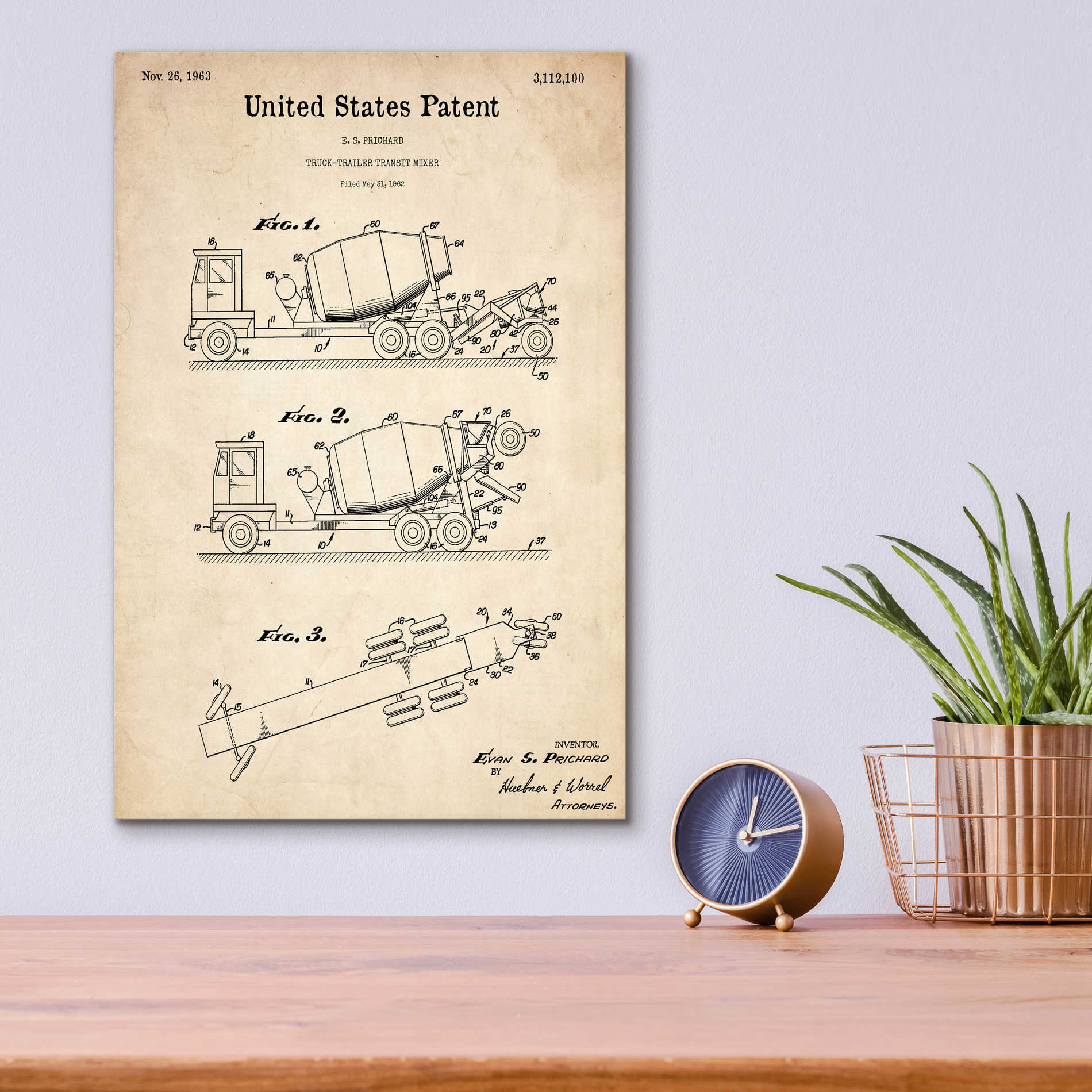 Epic Art 'Truck Trailer Transit Mixer Blueprint Patent Parchment,' Acrylic Glass Wall Art,12x16