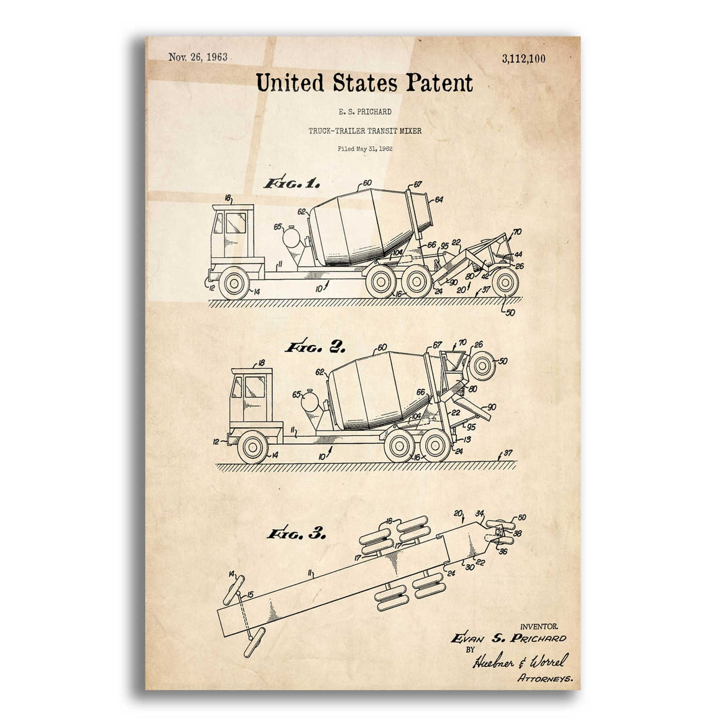 Epic Art 'Truck Trailer Transit Mixer Blueprint Patent Parchment,' Acrylic Glass Wall Art,12x16