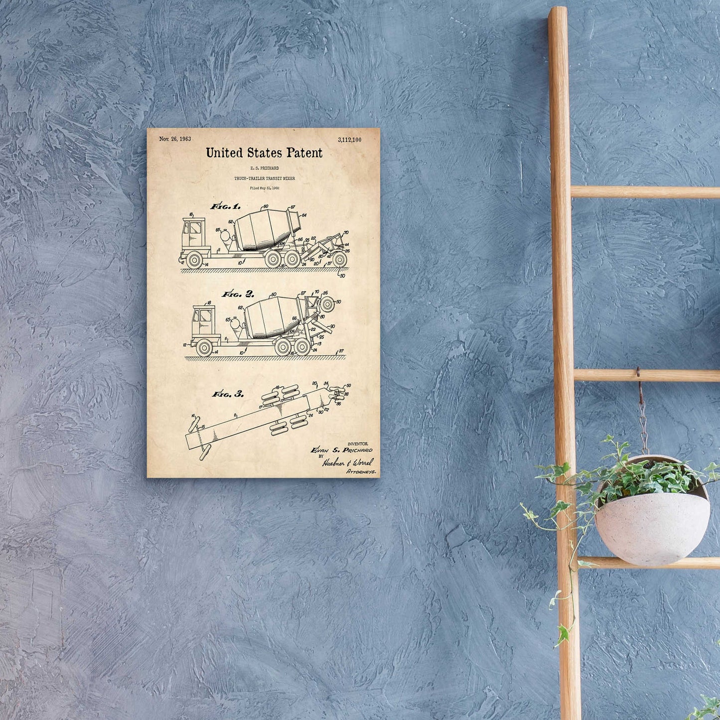 Epic Art 'Truck Trailer Transit Mixer Blueprint Patent Parchment,' Acrylic Glass Wall Art,16x24