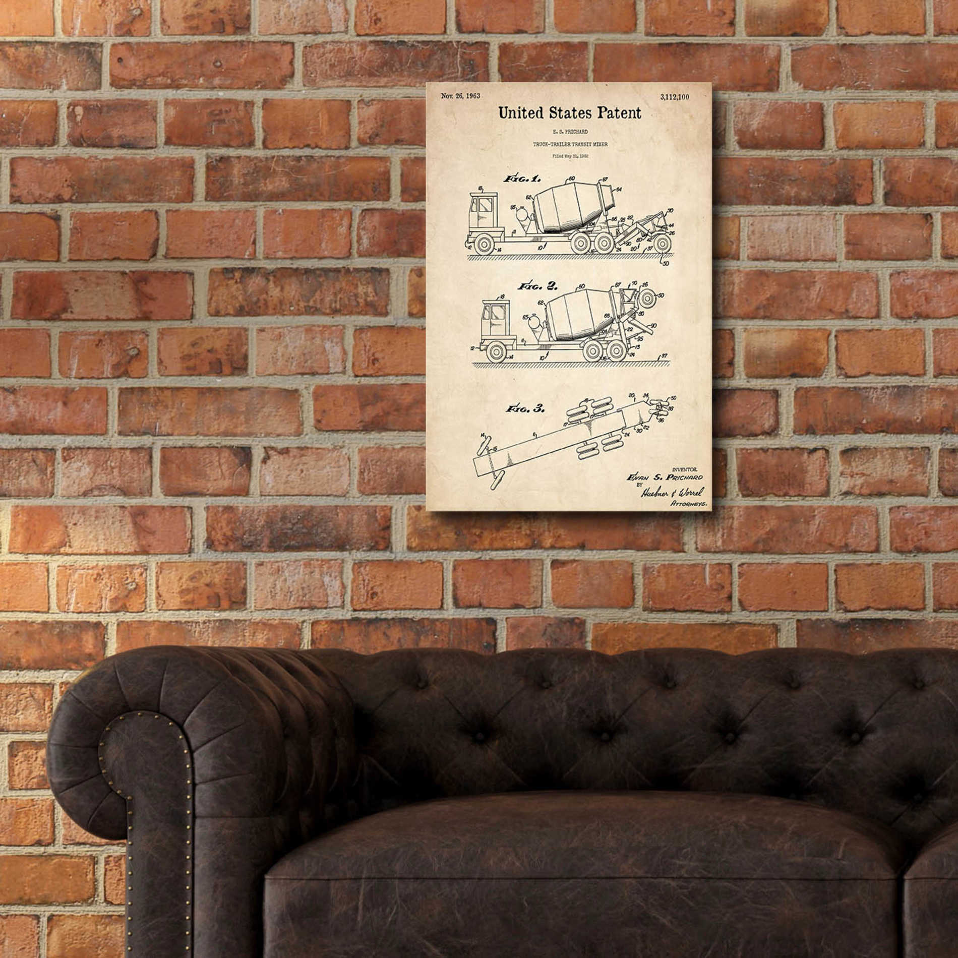 Epic Art 'Truck Trailer Transit Mixer Blueprint Patent Parchment,' Acrylic Glass Wall Art,16x24