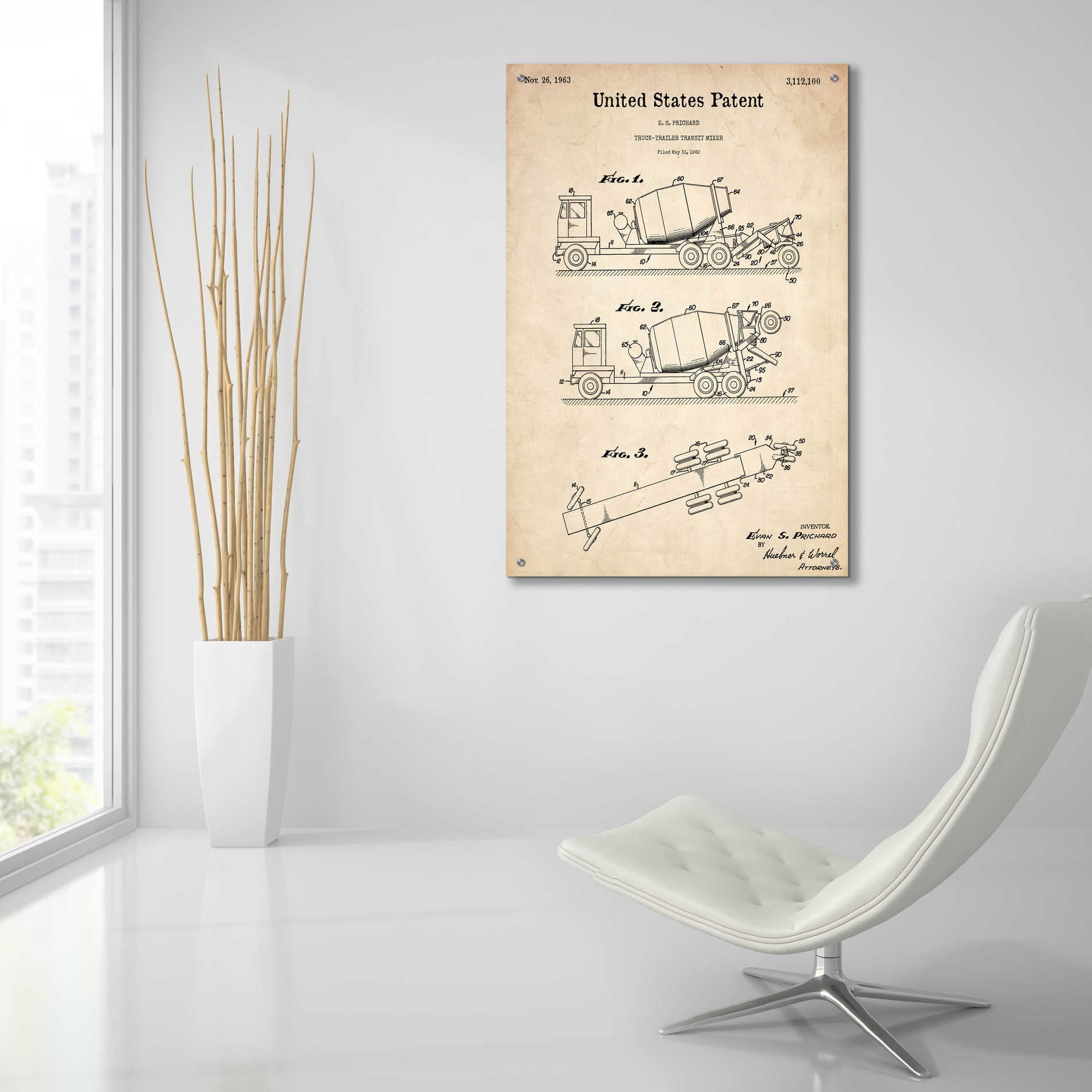 Epic Art 'Truck Trailer Transit Mixer Blueprint Patent Parchment,' Acrylic Glass Wall Art,24x36