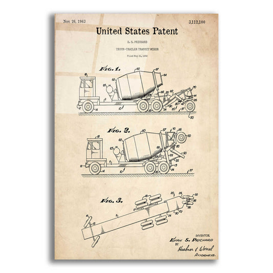 Epic Art 'Truck Trailer Transit Mixer Blueprint Patent Parchment,' Acrylic Glass Wall Art,12x16x1.1x0,18x26x1.1x0,26x34x1.74x0,40x54x1.74x0