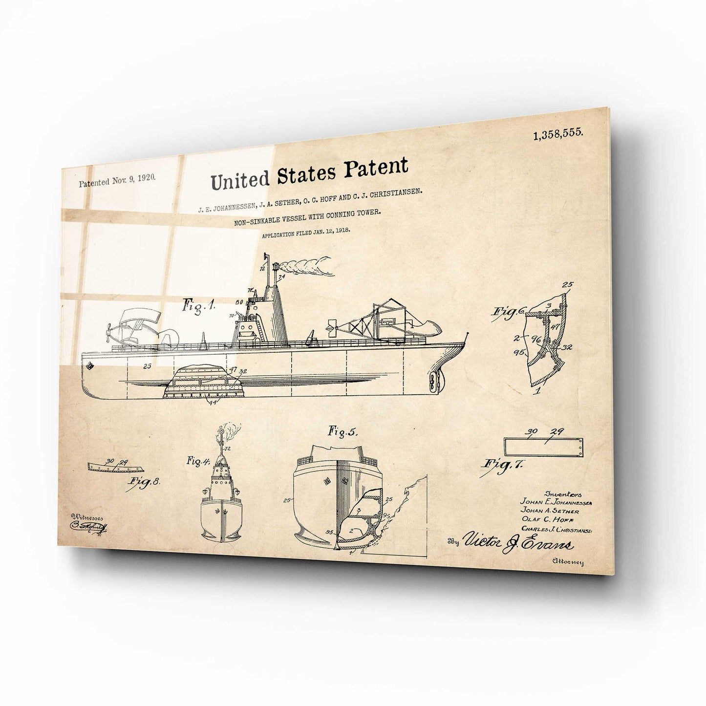 Epic Art 'Non-Sinkable Vessel Blueprint Patent Parchment,' Acrylic Glass Wall Art,16x12