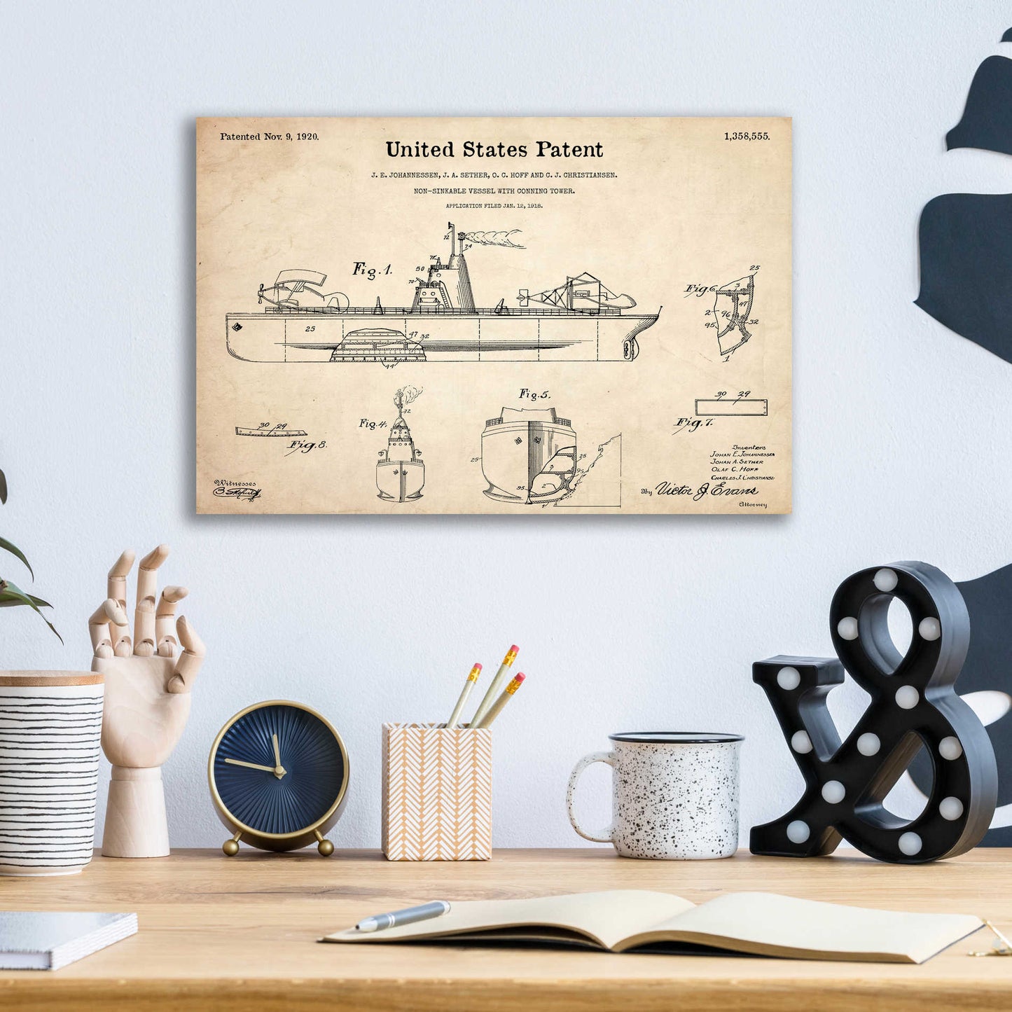 Epic Art 'Non-Sinkable Vessel Blueprint Patent Parchment,' Acrylic Glass Wall Art,16x12