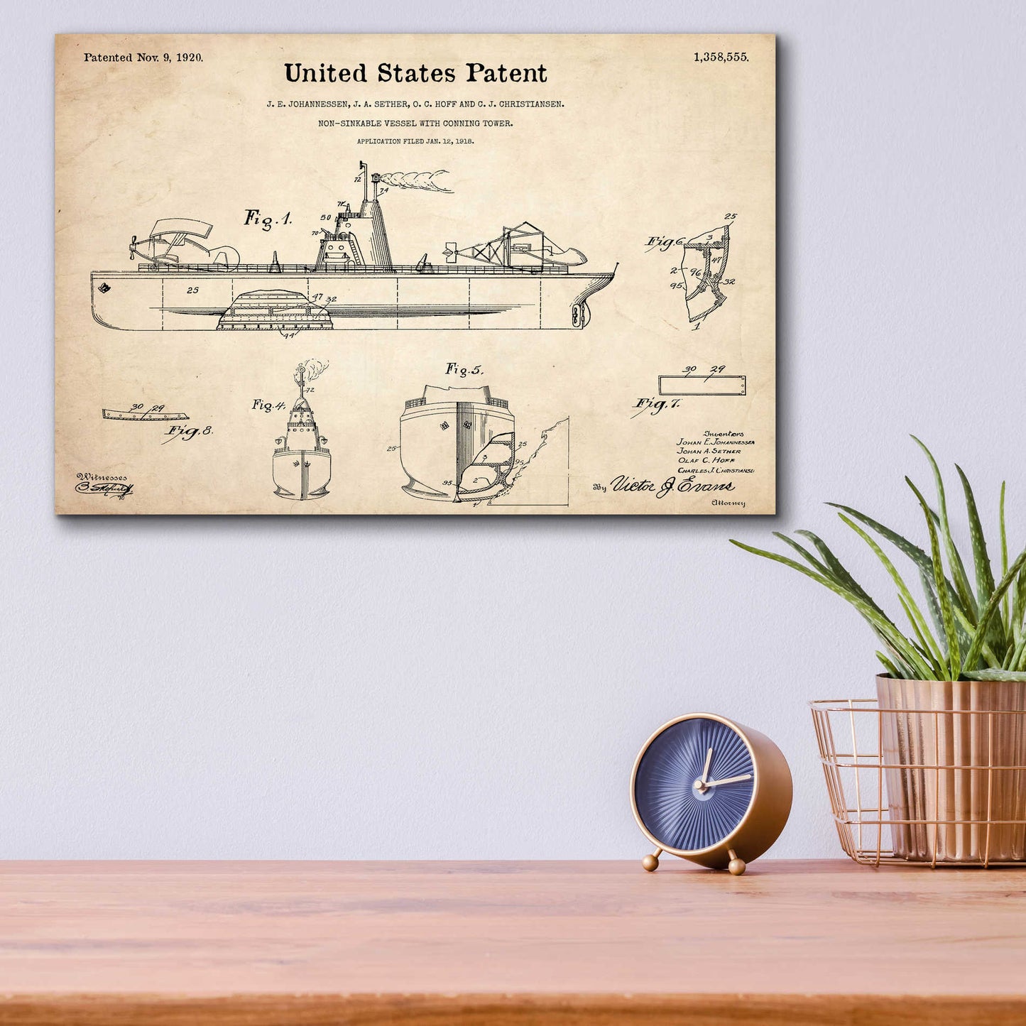 Epic Art 'Non-Sinkable Vessel Blueprint Patent Parchment,' Acrylic Glass Wall Art,16x12