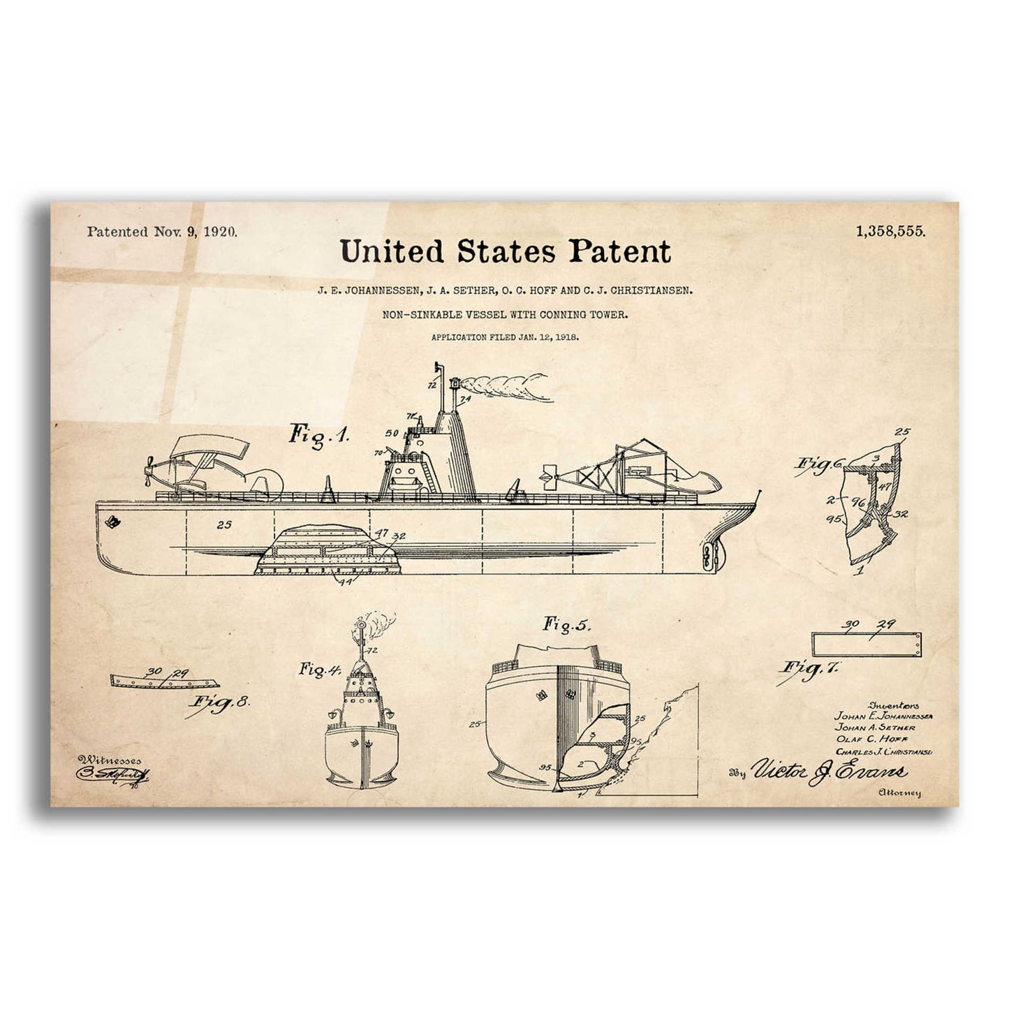 Epic Art 'Non-Sinkable Vessel Blueprint Patent Parchment,' Acrylic Glass Wall Art,16x12