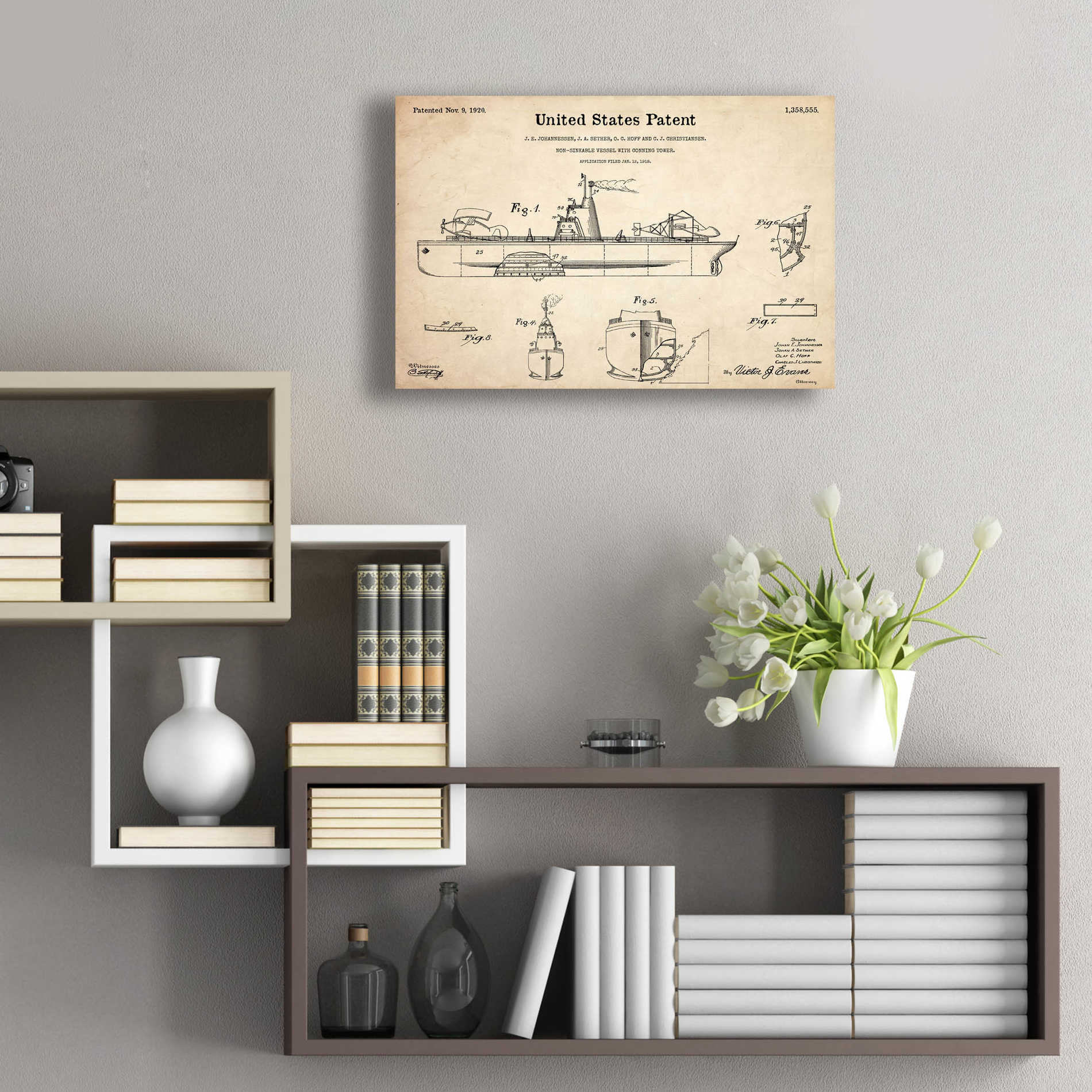 Epic Art 'Non-Sinkable Vessel Blueprint Patent Parchment,' Acrylic Glass Wall Art,24x16