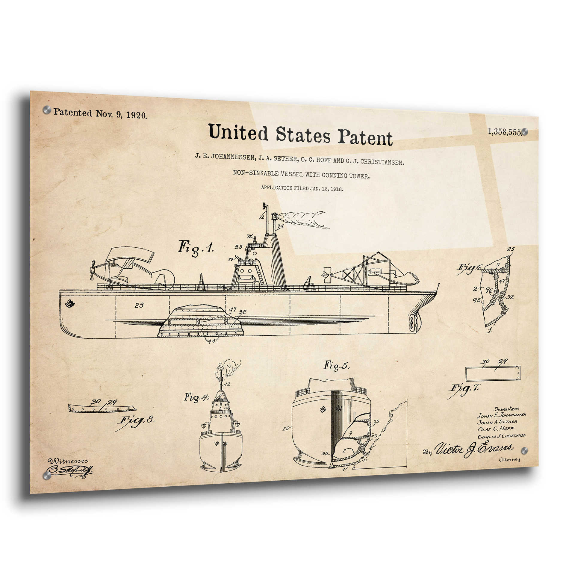 Epic Art 'Non-Sinkable Vessel Blueprint Patent Parchment,' Acrylic Glass Wall Art,36x24