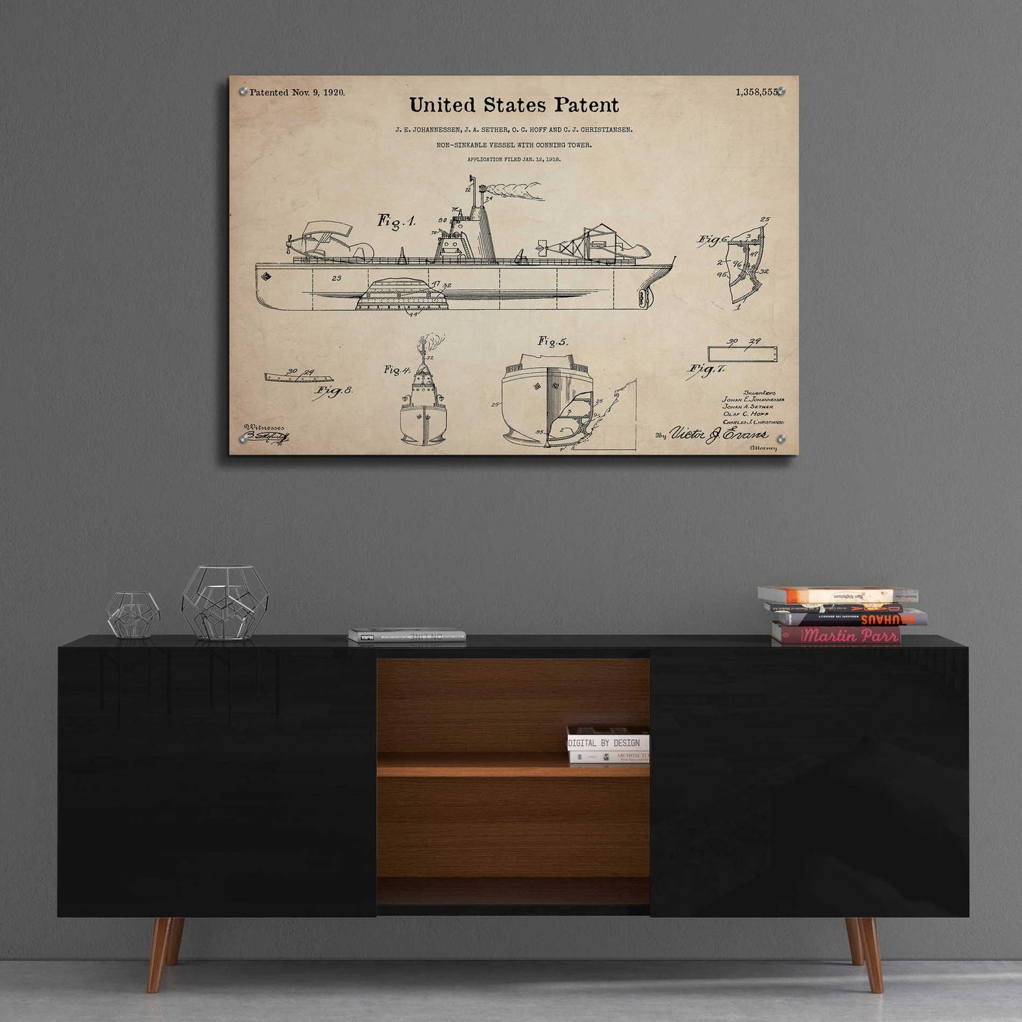 Epic Art 'Non-Sinkable Vessel Blueprint Patent Parchment,' Acrylic Glass Wall Art,36x24