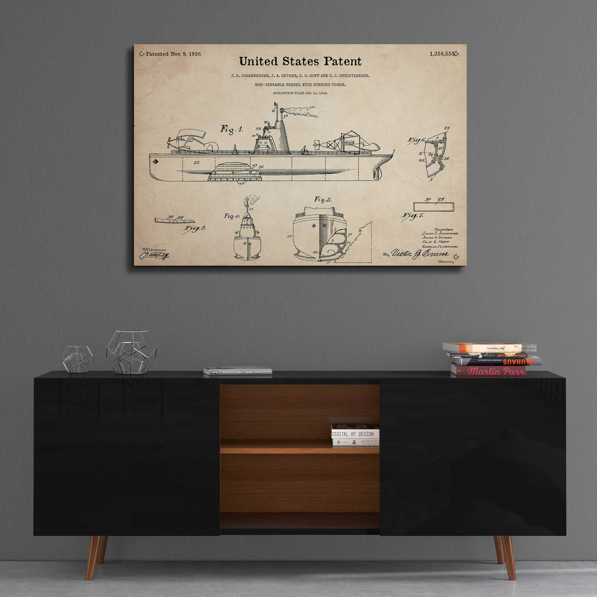 Epic Art 'Non-Sinkable Vessel Blueprint Patent Parchment,' Acrylic Glass Wall Art,36x24