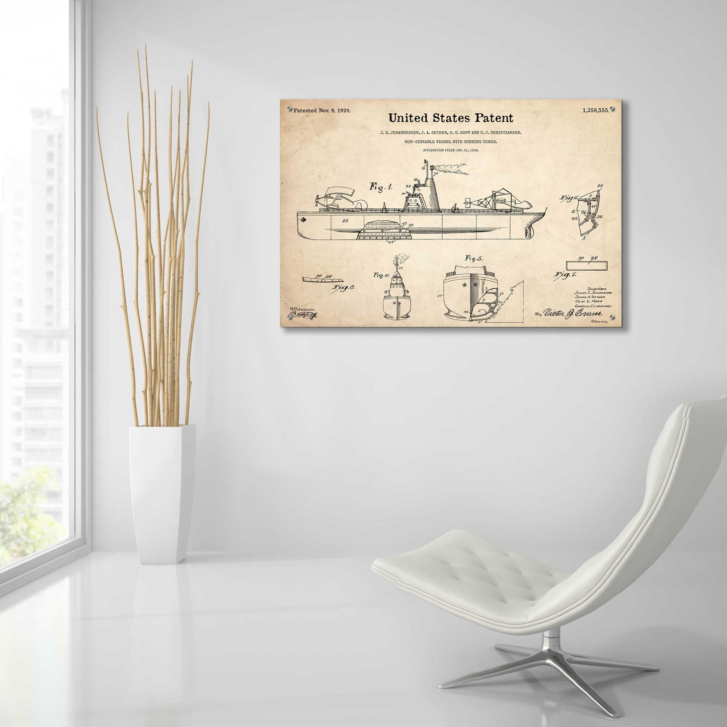 Epic Art 'Non-Sinkable Vessel Blueprint Patent Parchment,' Acrylic Glass Wall Art,36x24