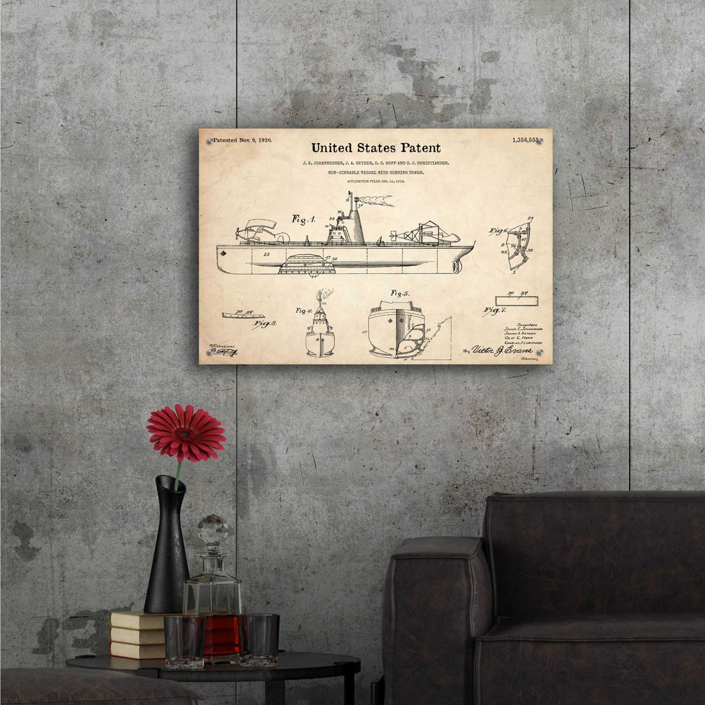 Epic Art 'Non-Sinkable Vessel Blueprint Patent Parchment,' Acrylic Glass Wall Art,36x24