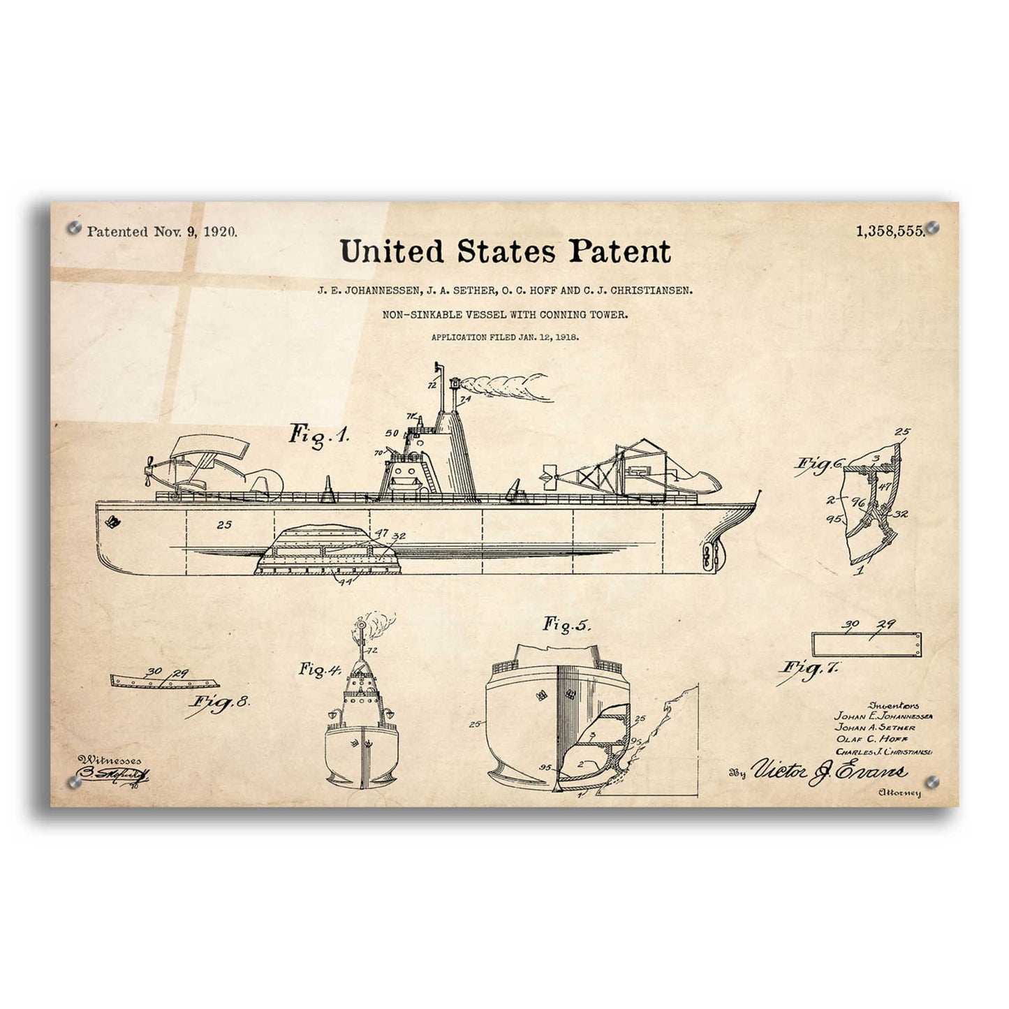 Epic Art 'Non-Sinkable Vessel Blueprint Patent Parchment,' Acrylic Glass Wall Art,36x24