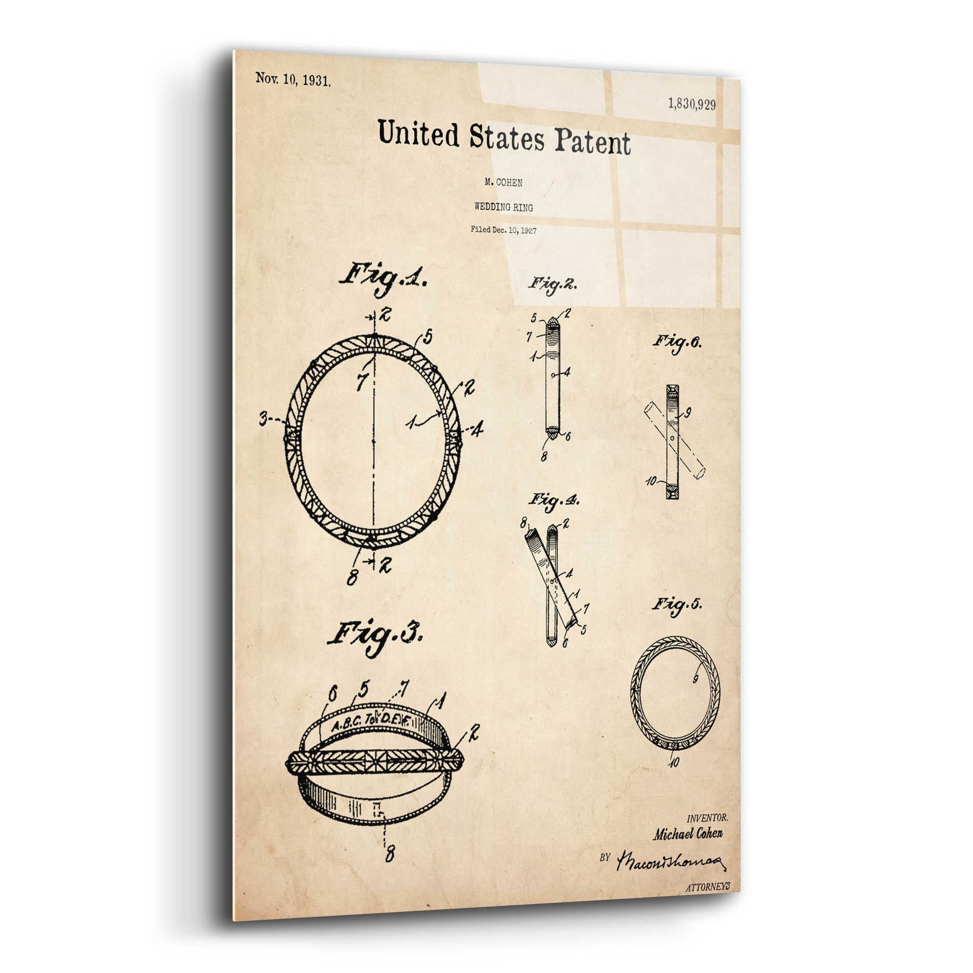 Epic Art 'Wedding Ring Blueprint Patent Parchment,' Acrylic Glass Wall Art,12x16