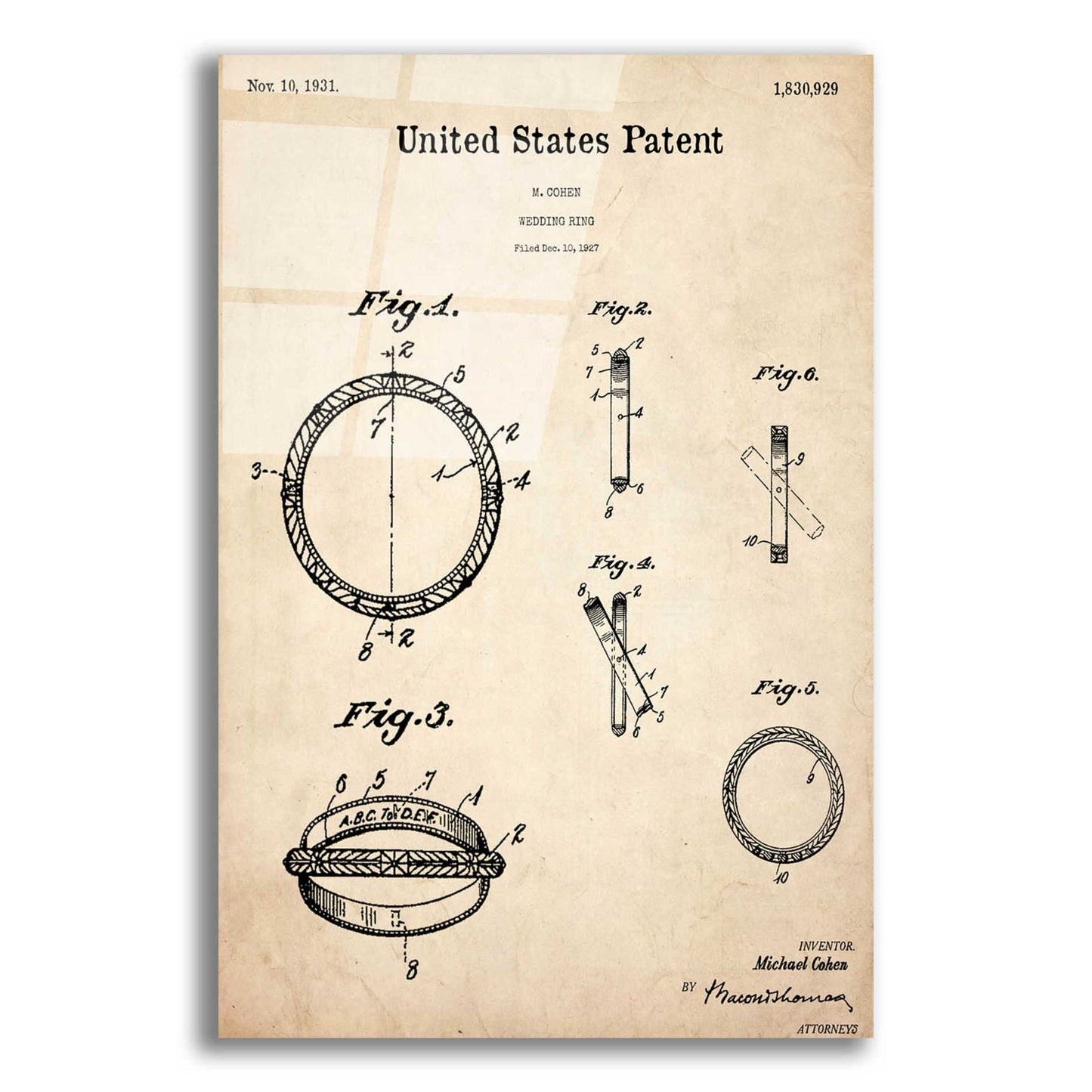 Epic Art 'Wedding Ring Blueprint Patent Parchment,' Acrylic Glass Wall Art,16x24