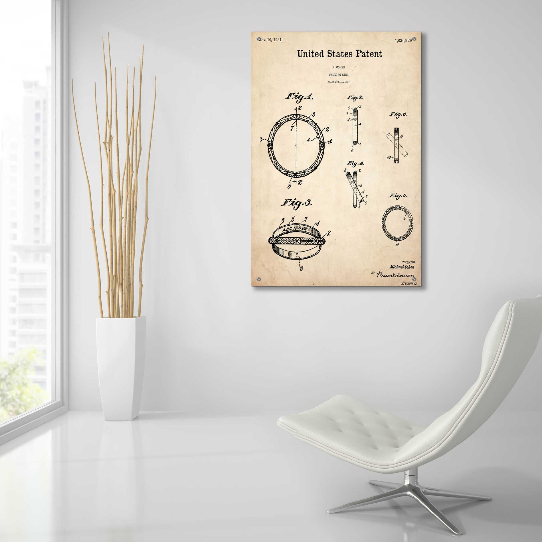 Epic Art 'Wedding Ring Blueprint Patent Parchment,' Acrylic Glass Wall Art,24x36