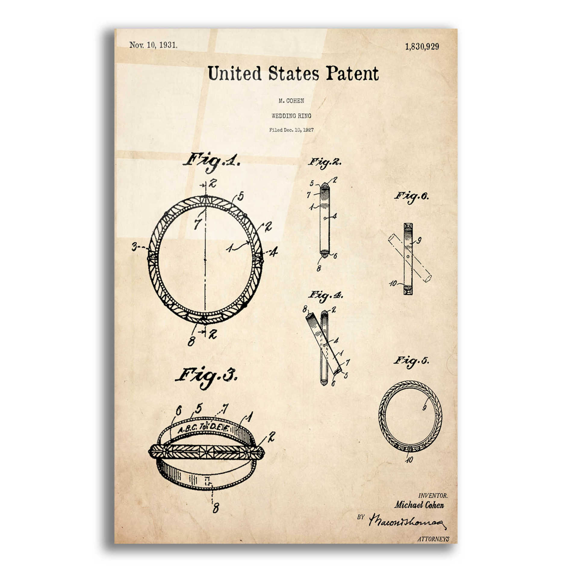 Epic Art 'Wedding Ring Blueprint Patent Parchment,' Acrylic Glass Wall Art,12x16x1.1x0,18x26x1.1x0,26x34x1.74x0,40x54x1.74x0