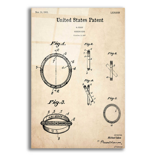 Epic Art 'Wedding Ring Blueprint Patent Parchment,' Acrylic Glass Wall Art,12x16x1.1x0,18x26x1.1x0,26x34x1.74x0,40x54x1.74x0