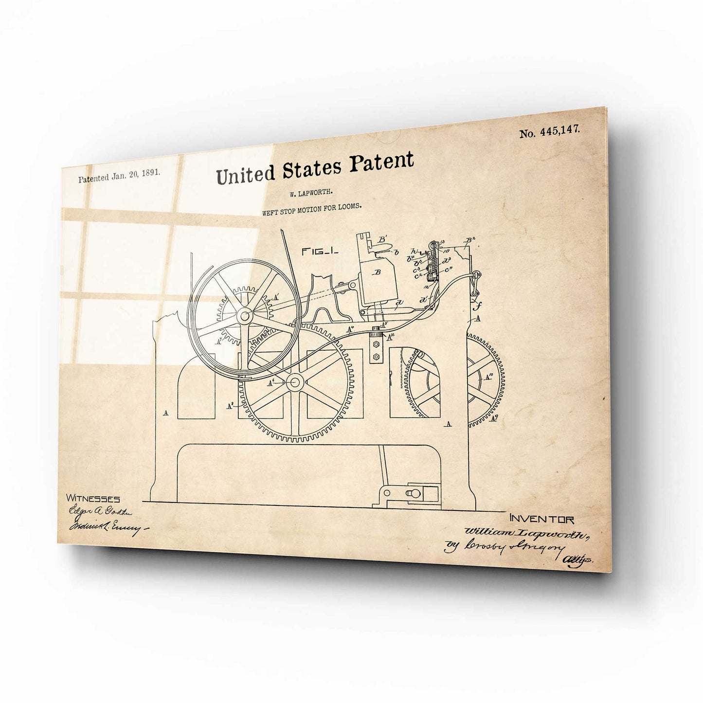 Epic Art 'Weft Stop Motion for Looms Blueprint Patent Parchment,' Acrylic Glass Wall Art,16x12