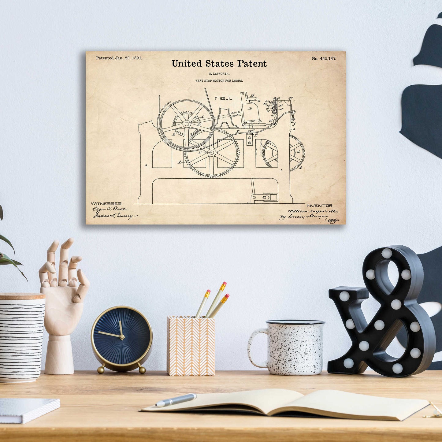 Epic Art 'Weft Stop Motion for Looms Blueprint Patent Parchment,' Acrylic Glass Wall Art,16x12