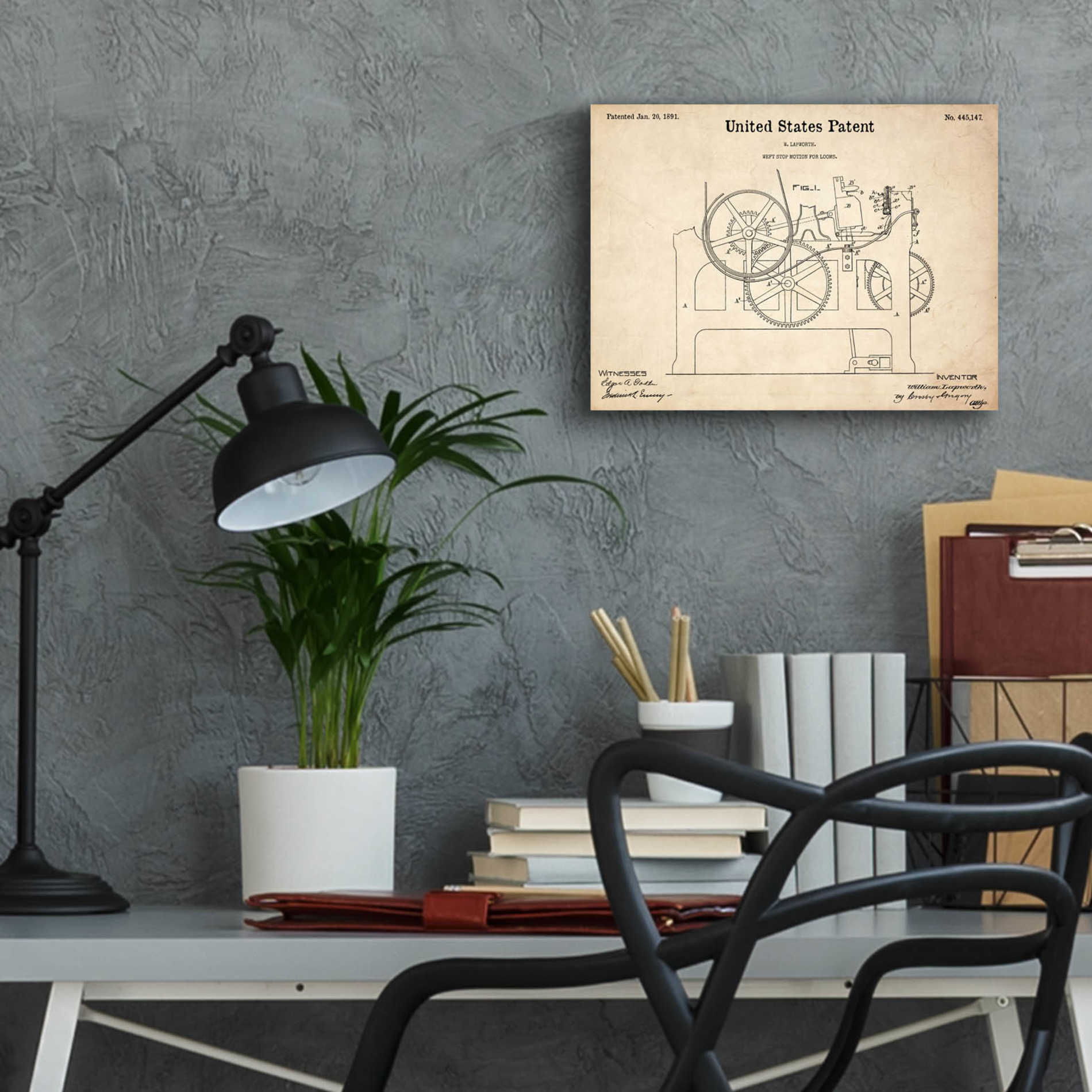 Epic Art 'Weft Stop Motion for Looms Blueprint Patent Parchment,' Acrylic Glass Wall Art,16x12