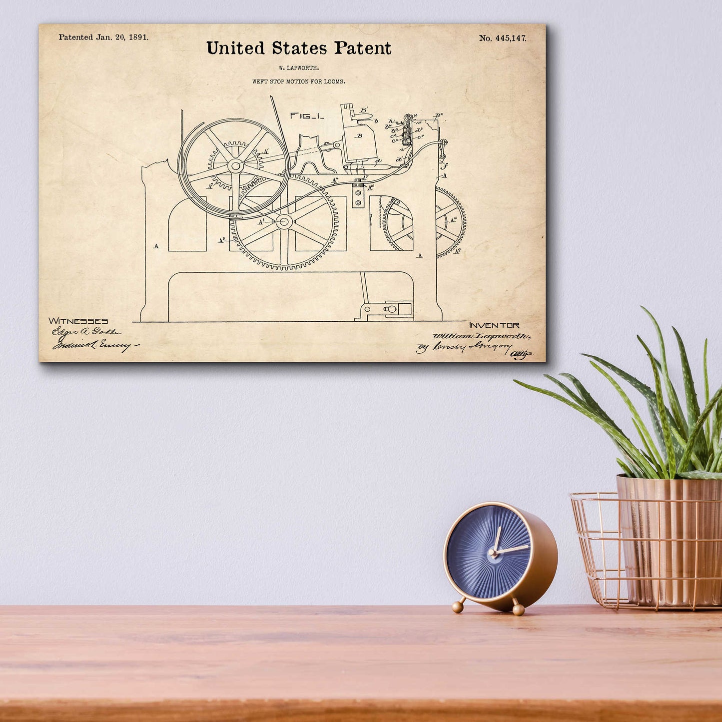 Epic Art 'Weft Stop Motion for Looms Blueprint Patent Parchment,' Acrylic Glass Wall Art,16x12