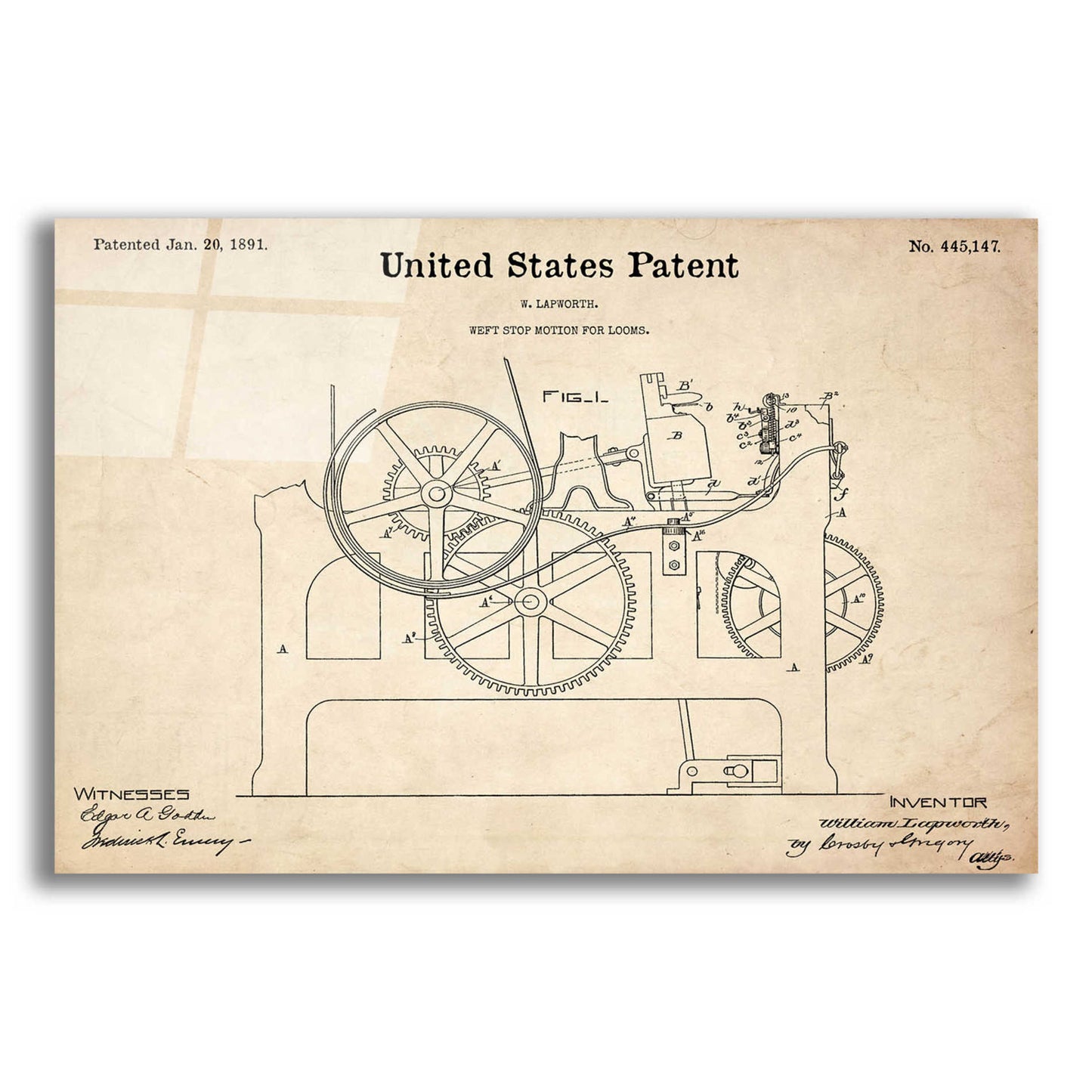 Epic Art 'Weft Stop Motion for Looms Blueprint Patent Parchment,' Acrylic Glass Wall Art,16x12