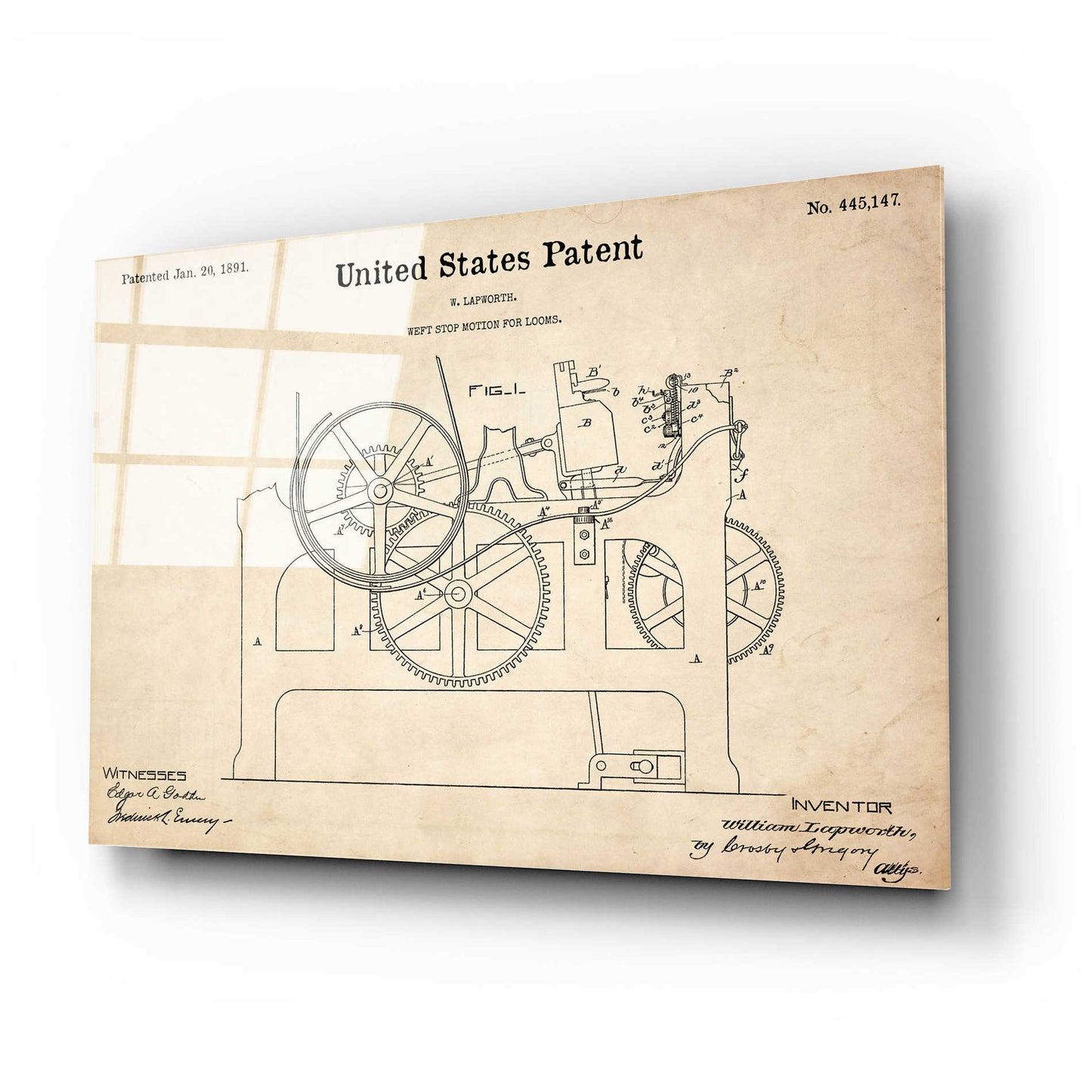 Epic Art 'Weft Stop Motion for Looms Blueprint Patent Parchment,' Acrylic Glass Wall Art,24x16