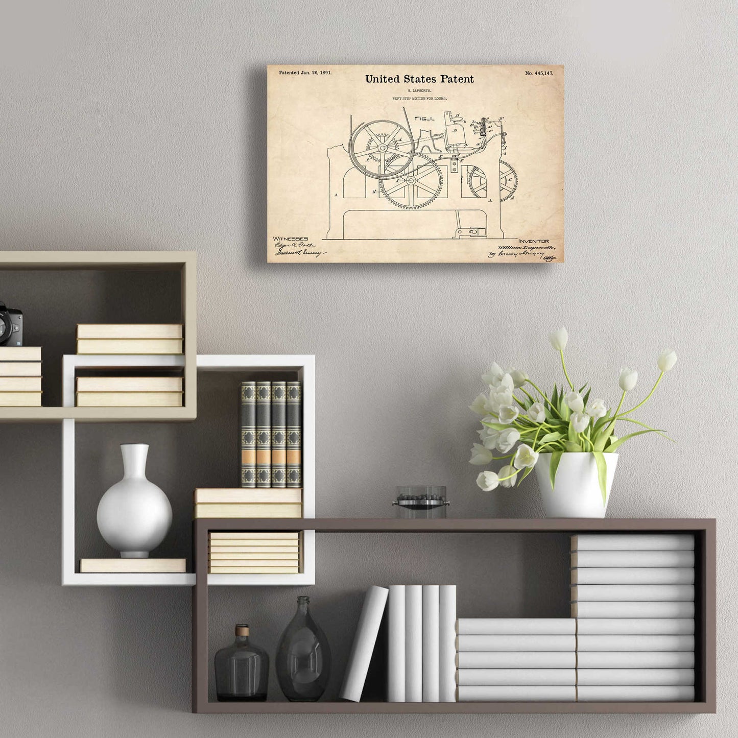 Epic Art 'Weft Stop Motion for Looms Blueprint Patent Parchment,' Acrylic Glass Wall Art,24x16