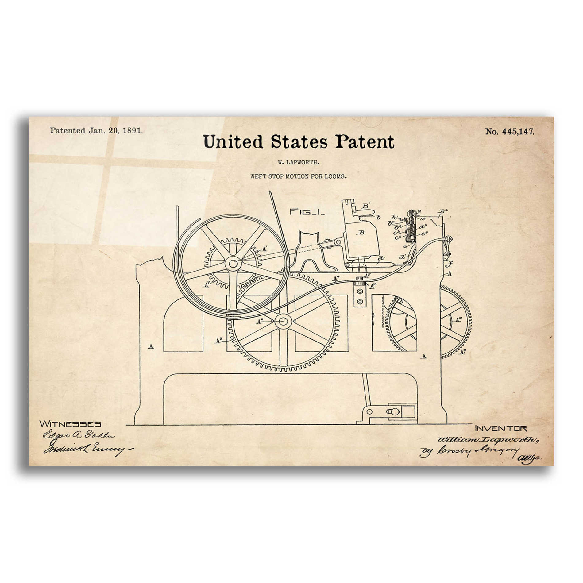 Epic Art 'Weft Stop Motion for Looms Blueprint Patent Parchment,' Acrylic Glass Wall Art,24x16