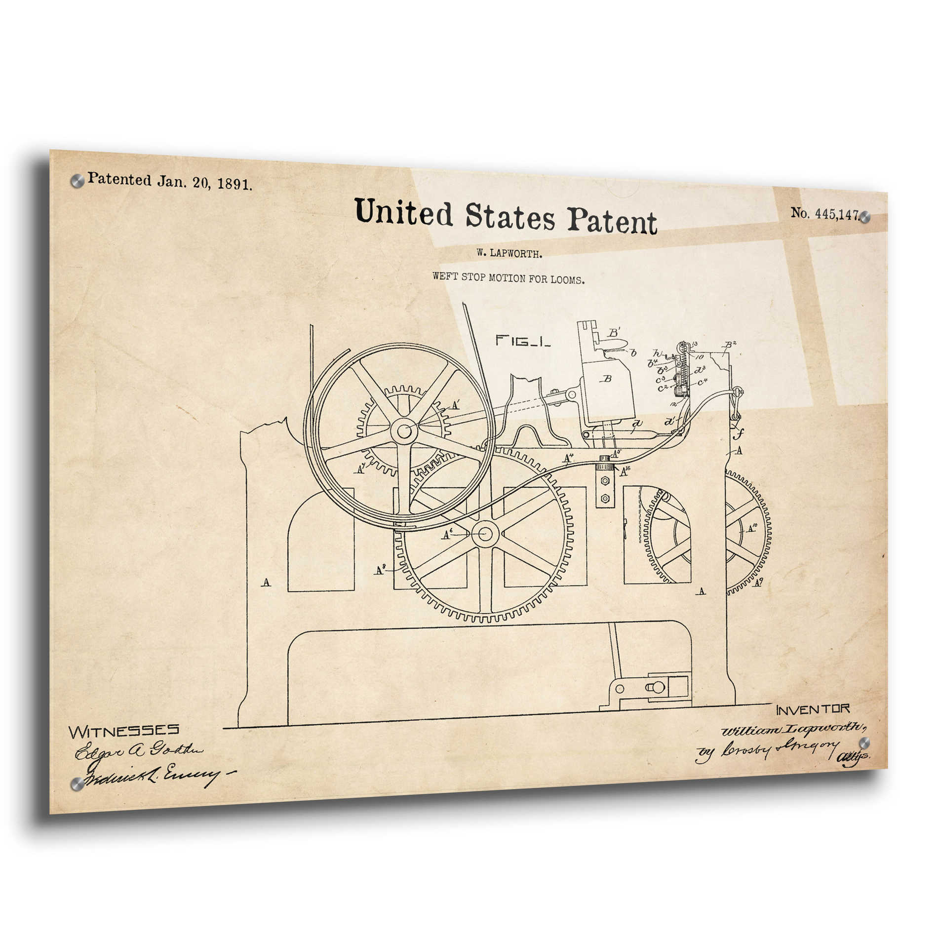 Epic Art 'Weft Stop Motion for Looms Blueprint Patent Parchment,' Acrylic Glass Wall Art,36x24