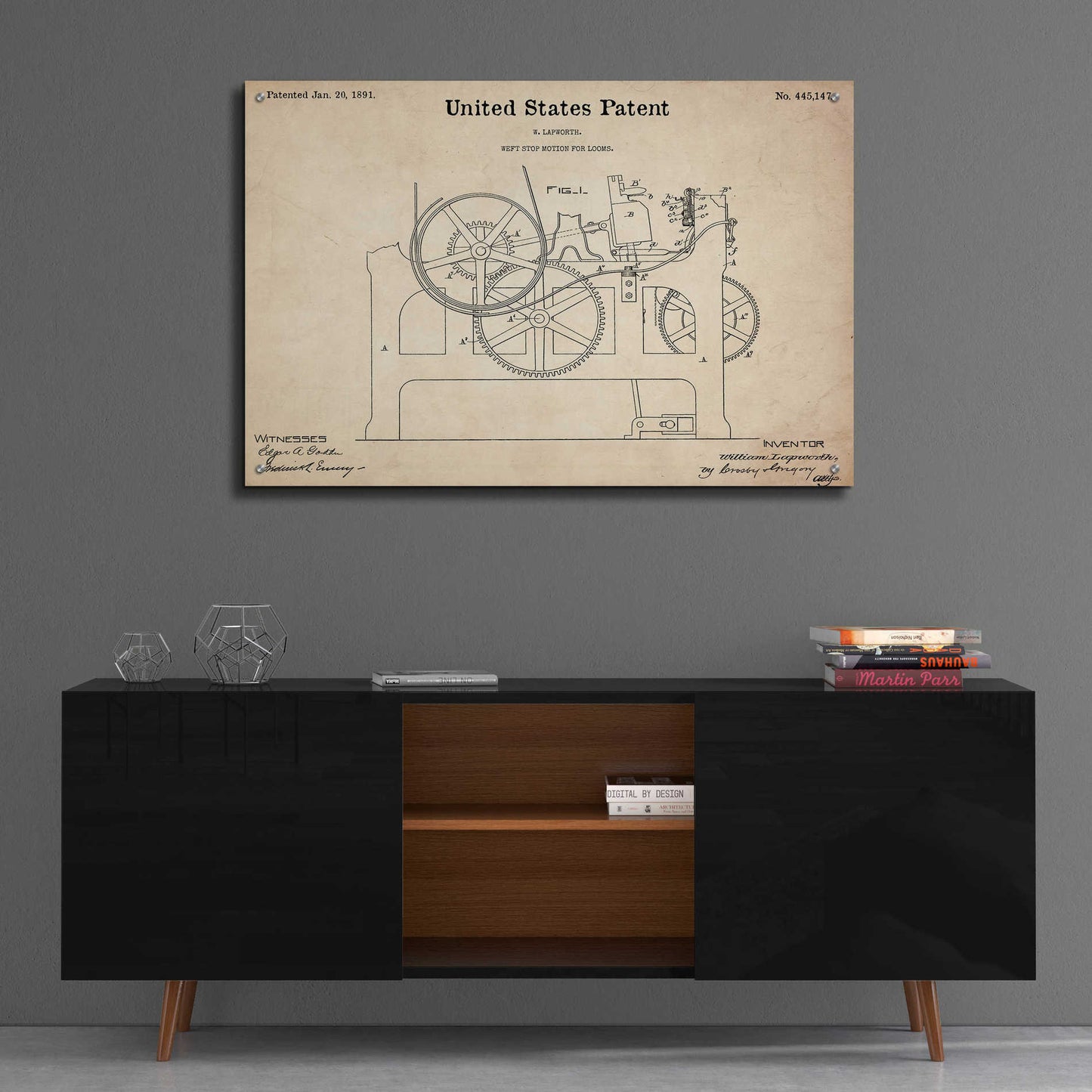 Epic Art 'Weft Stop Motion for Looms Blueprint Patent Parchment,' Acrylic Glass Wall Art,36x24