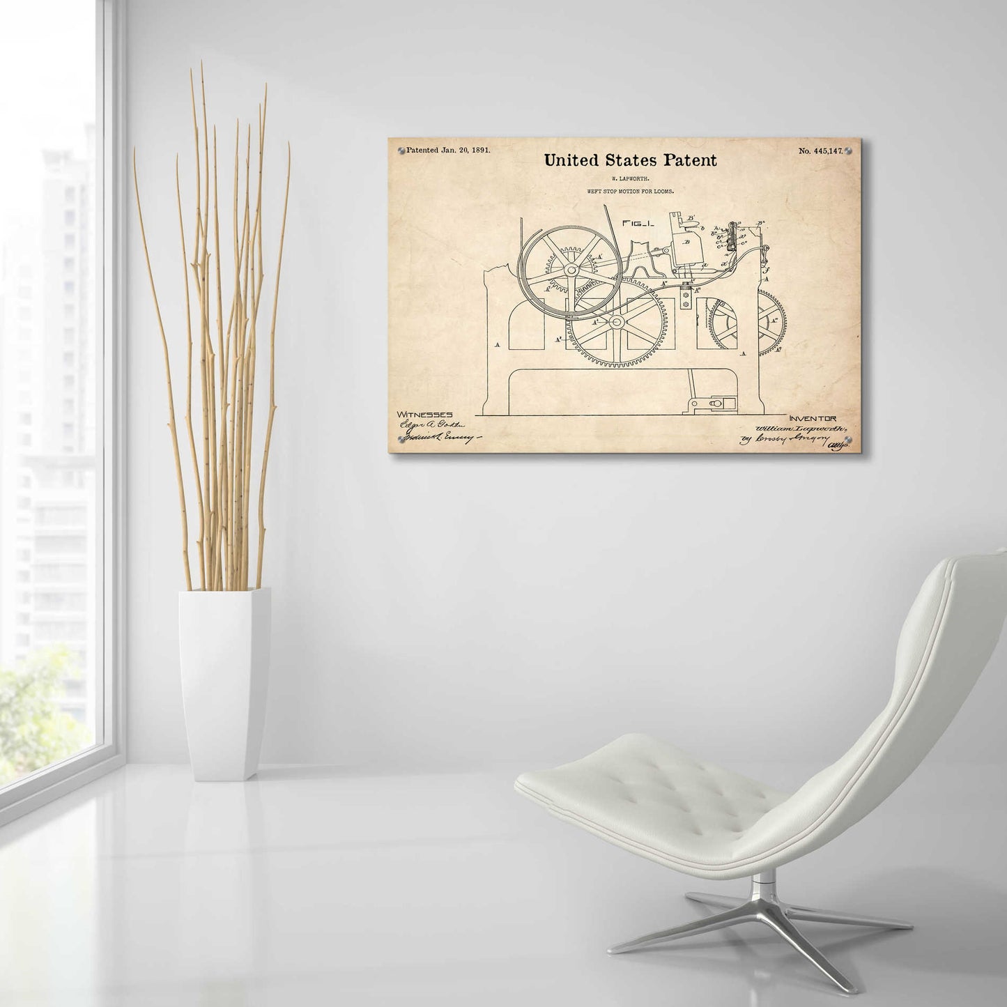 Epic Art 'Weft Stop Motion for Looms Blueprint Patent Parchment,' Acrylic Glass Wall Art,36x24