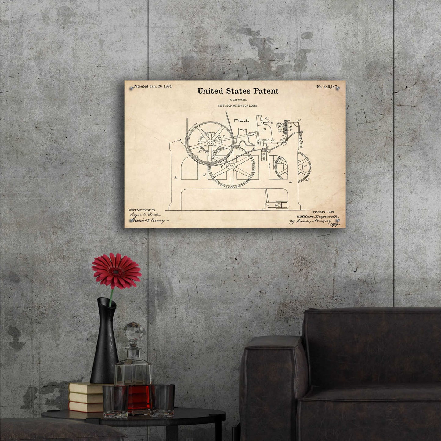 Epic Art 'Weft Stop Motion for Looms Blueprint Patent Parchment,' Acrylic Glass Wall Art,36x24