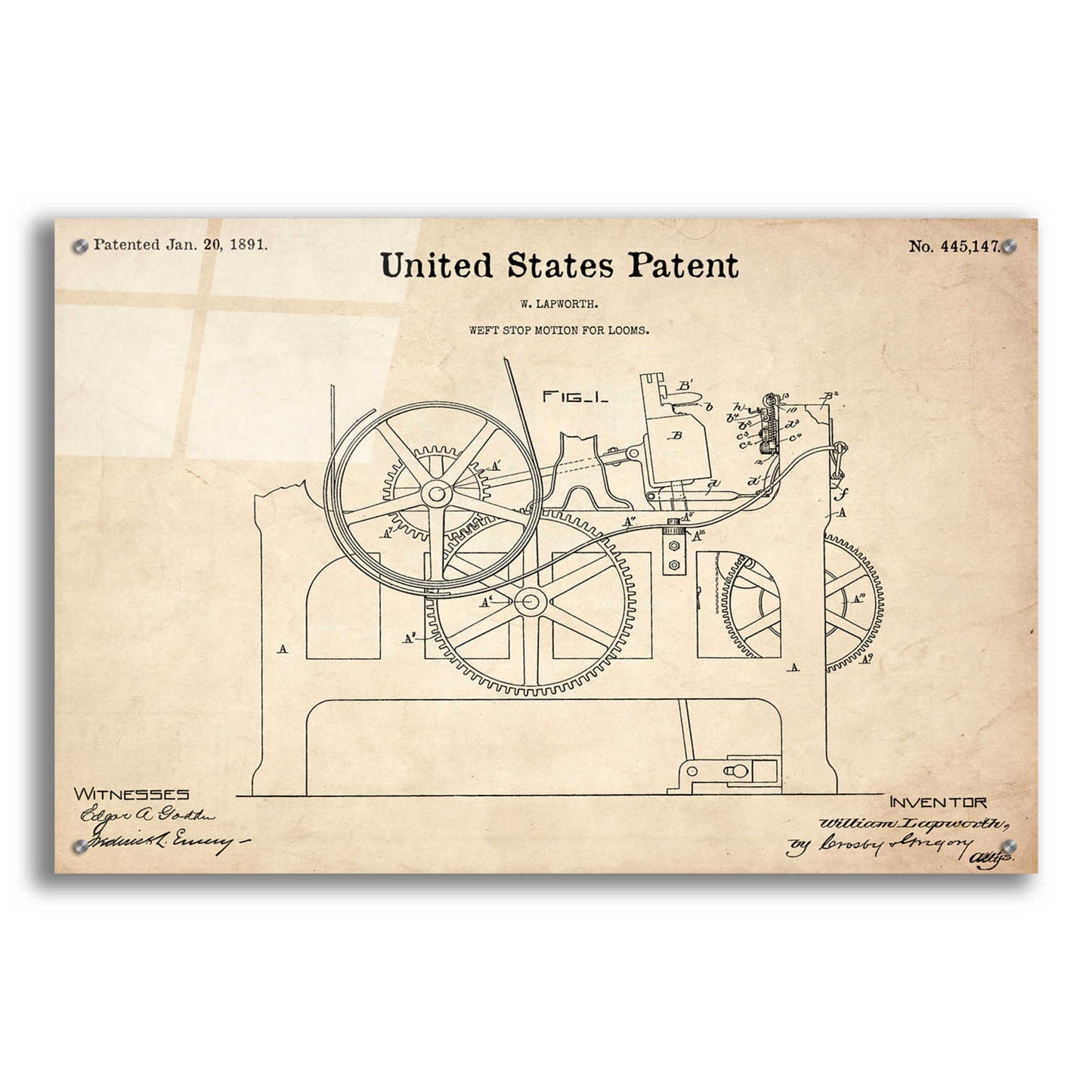 Epic Art 'Weft Stop Motion for Looms Blueprint Patent Parchment,' Acrylic Glass Wall Art,36x24