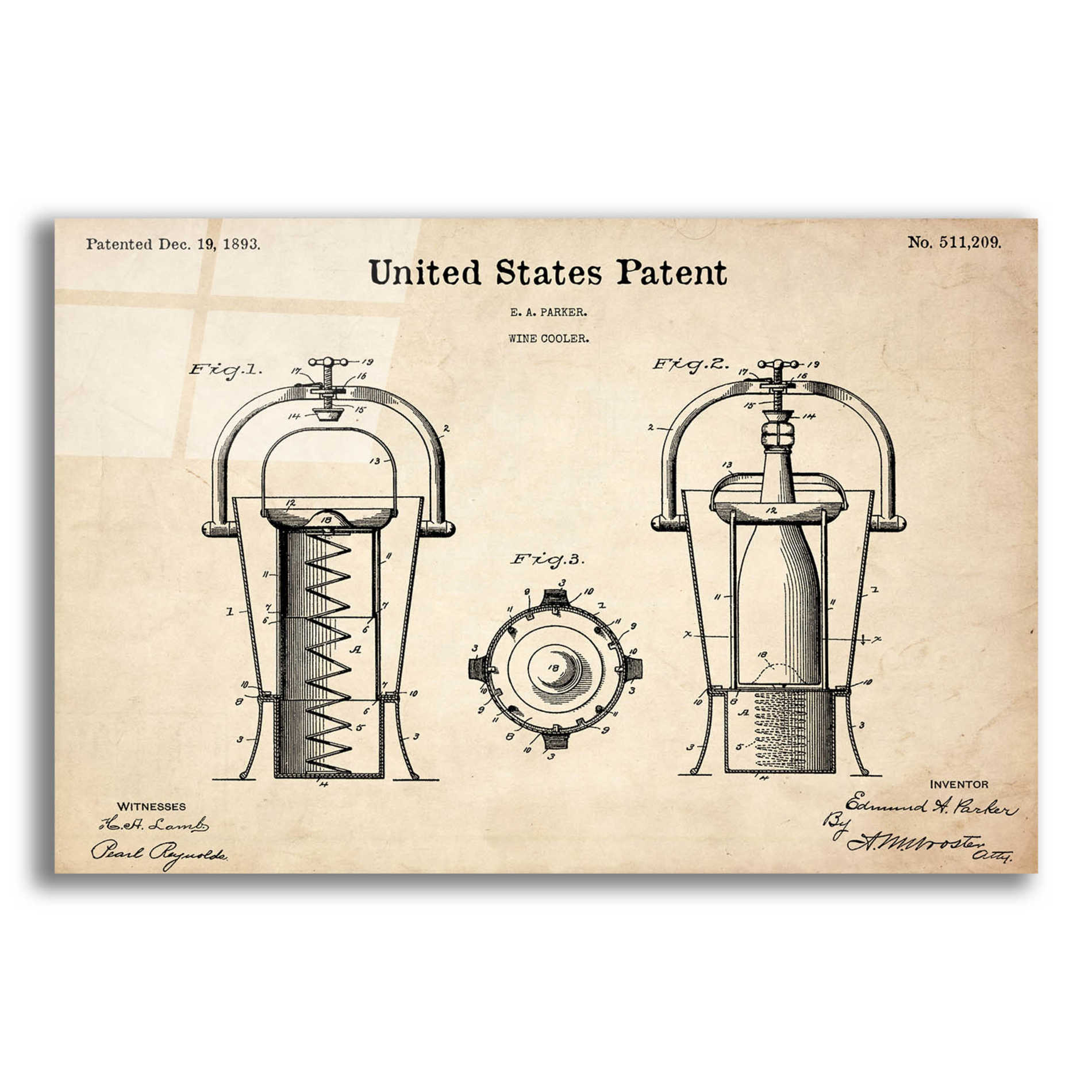 Epic Art 'Wine Cooler Blueprint Patent Parchment,' Acrylic Glass Wall Art,16x12