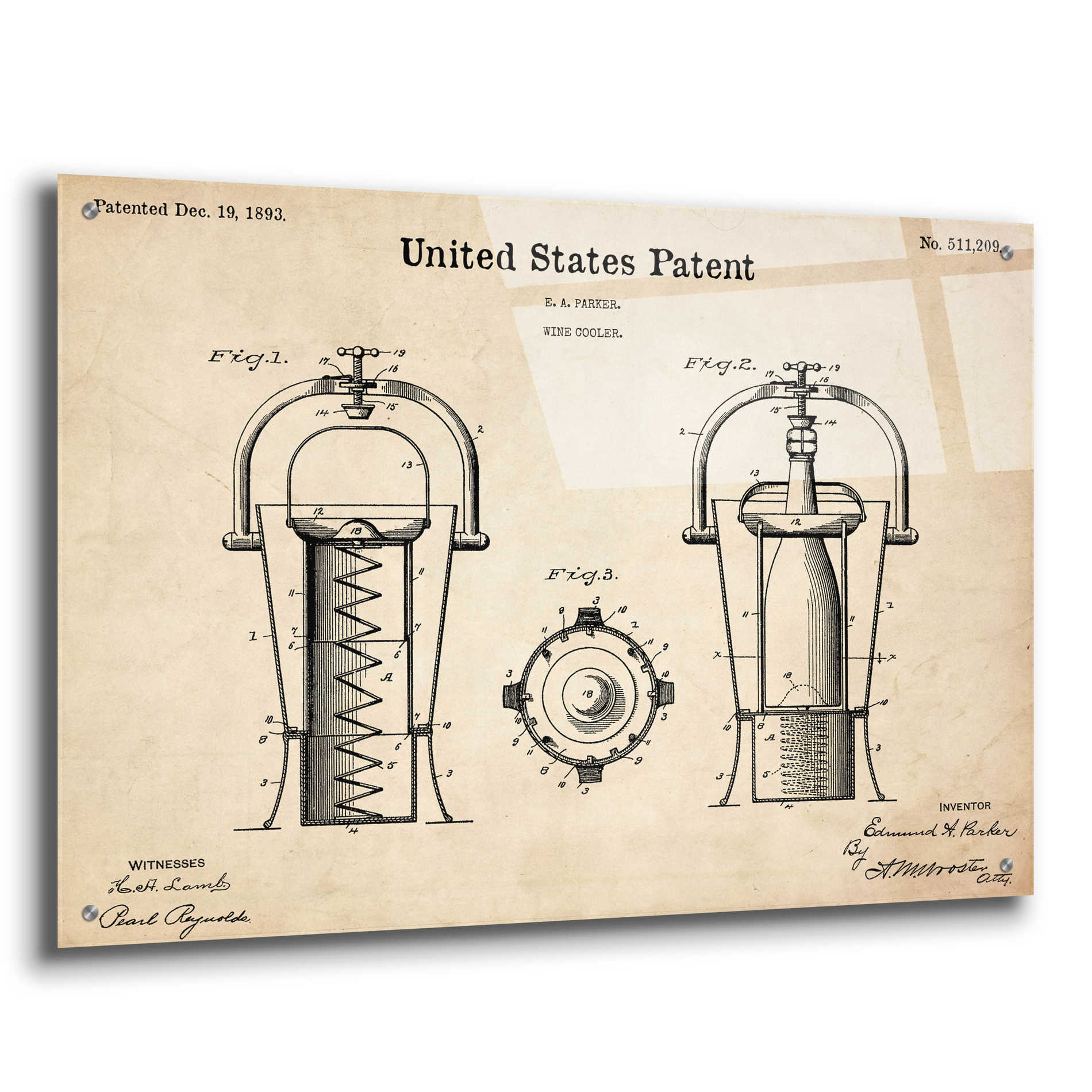 Epic Art 'Wine Cooler Blueprint Patent Parchment,' Acrylic Glass Wall Art,36x24