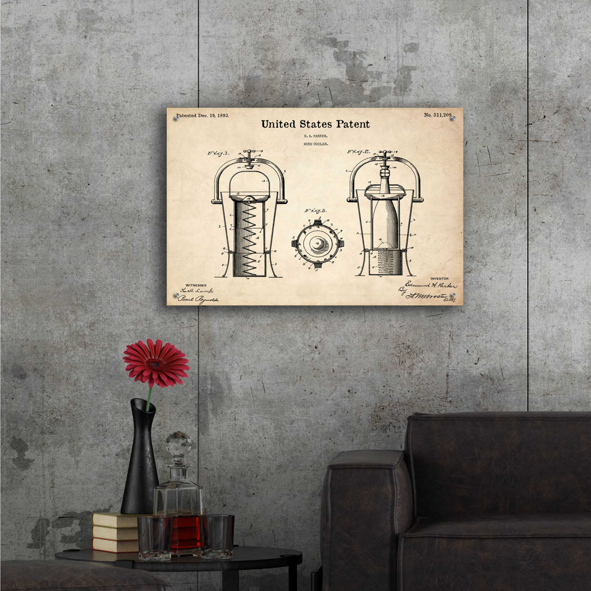 Epic Art 'Wine Cooler Blueprint Patent Parchment,' Acrylic Glass Wall Art,36x24