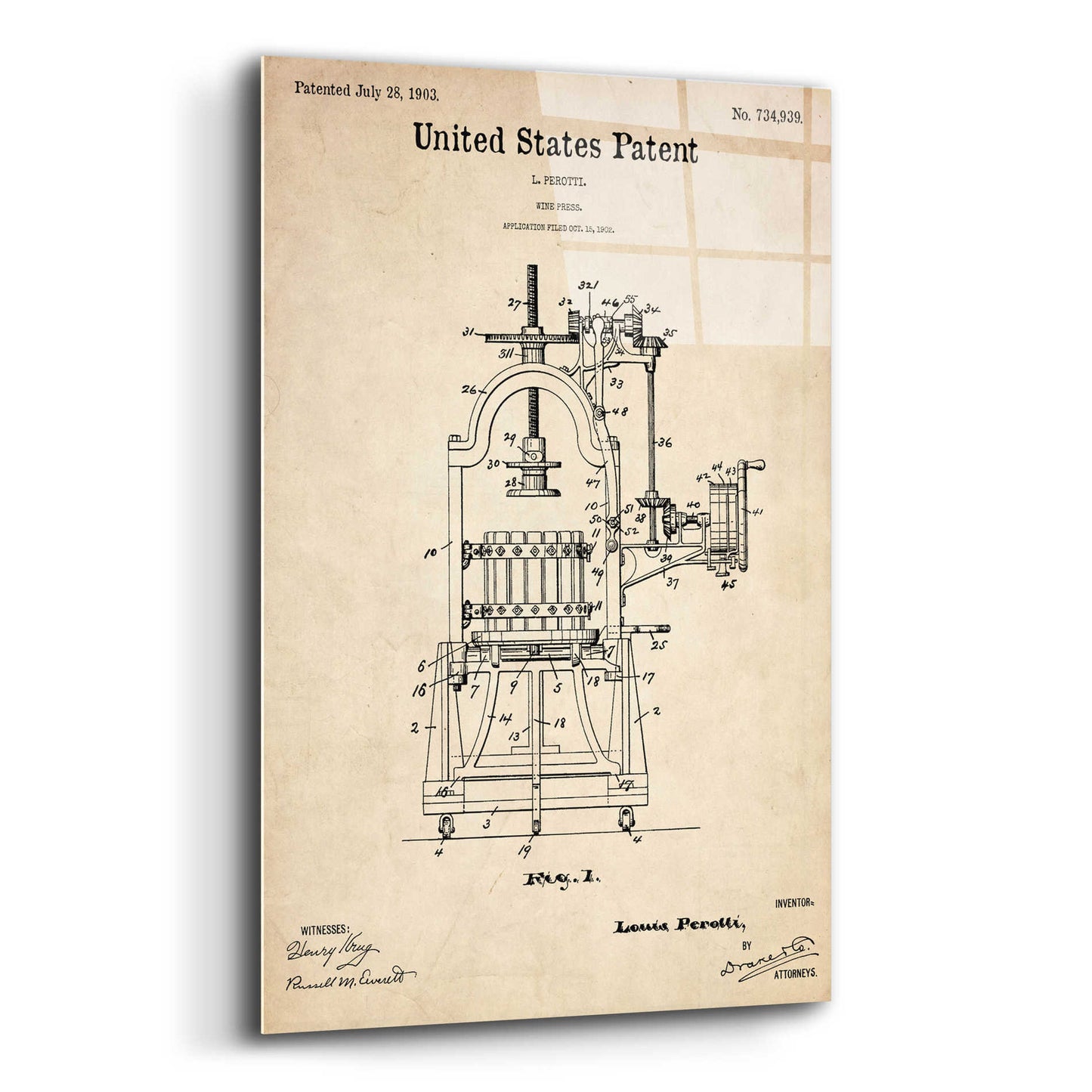 Epic Art 'Wine Press Blueprint Patent Parchment,' Acrylic Glass Wall Art,12x16