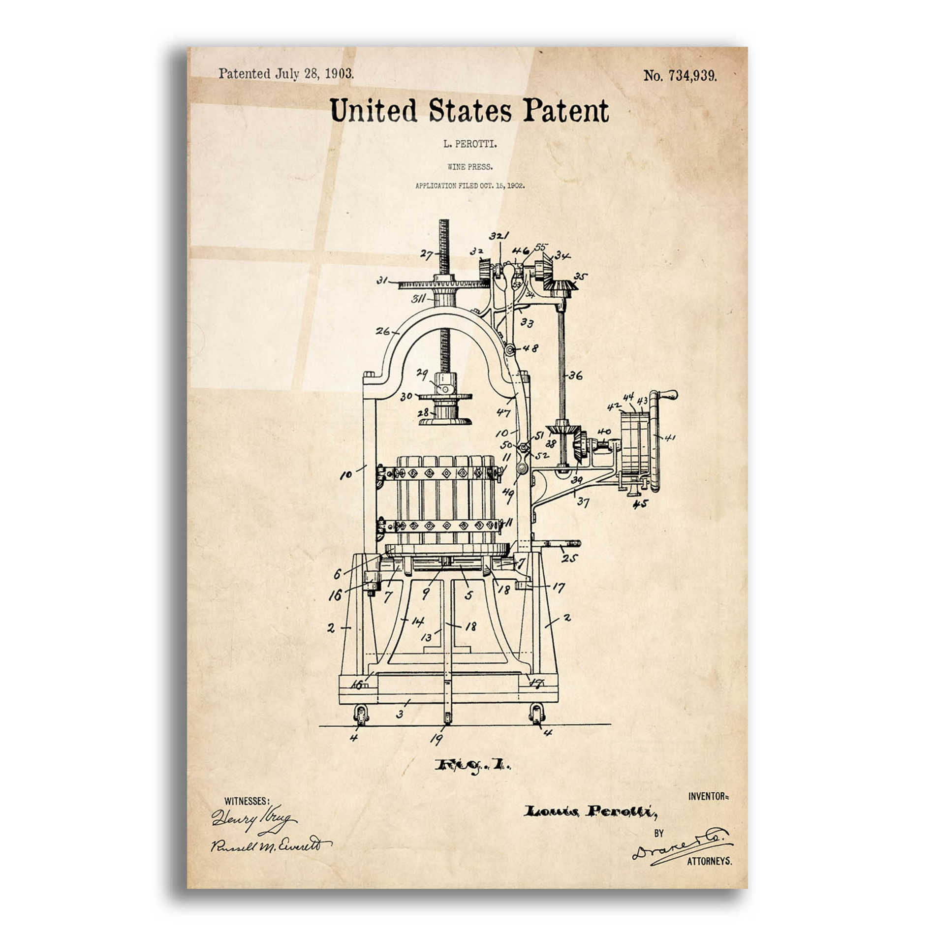 Epic Art 'Wine Press Blueprint Patent Parchment,' Acrylic Glass Wall Art,12x16