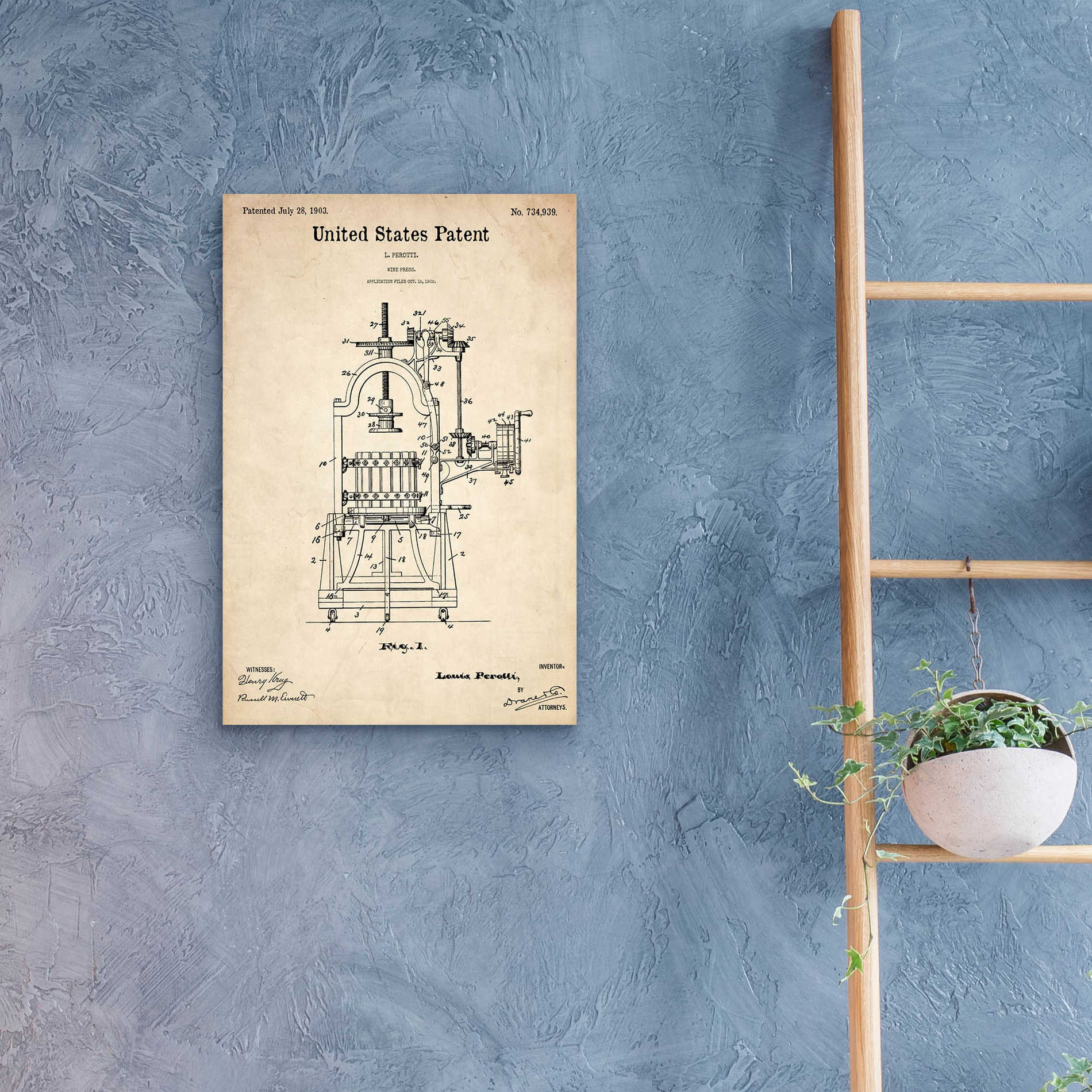 Epic Art 'Wine Press Blueprint Patent Parchment,' Acrylic Glass Wall Art,16x24