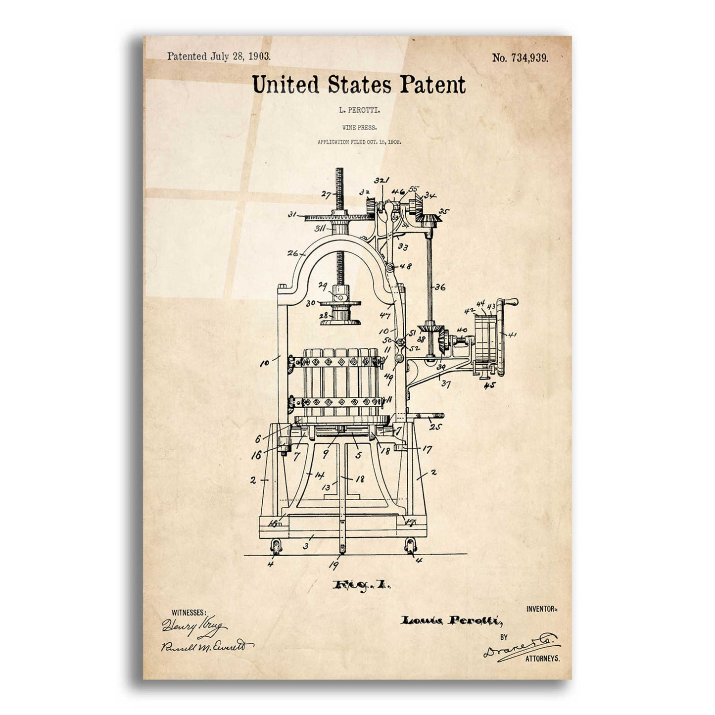 Epic Art 'Wine Press Blueprint Patent Parchment,' Acrylic Glass Wall Art,16x24