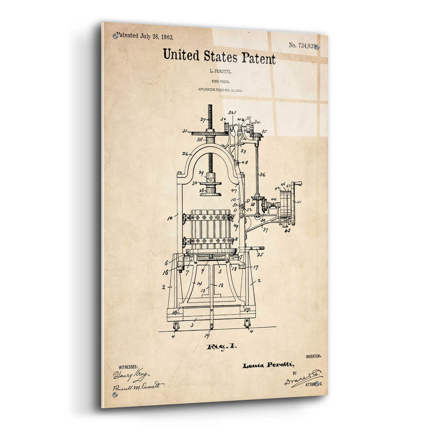 Epic Art 'Wine Press Blueprint Patent Parchment,' Acrylic Glass Wall Art,24x36