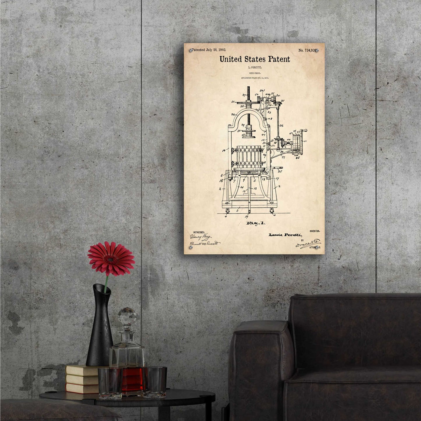 Epic Art 'Wine Press Blueprint Patent Parchment,' Acrylic Glass Wall Art,24x36