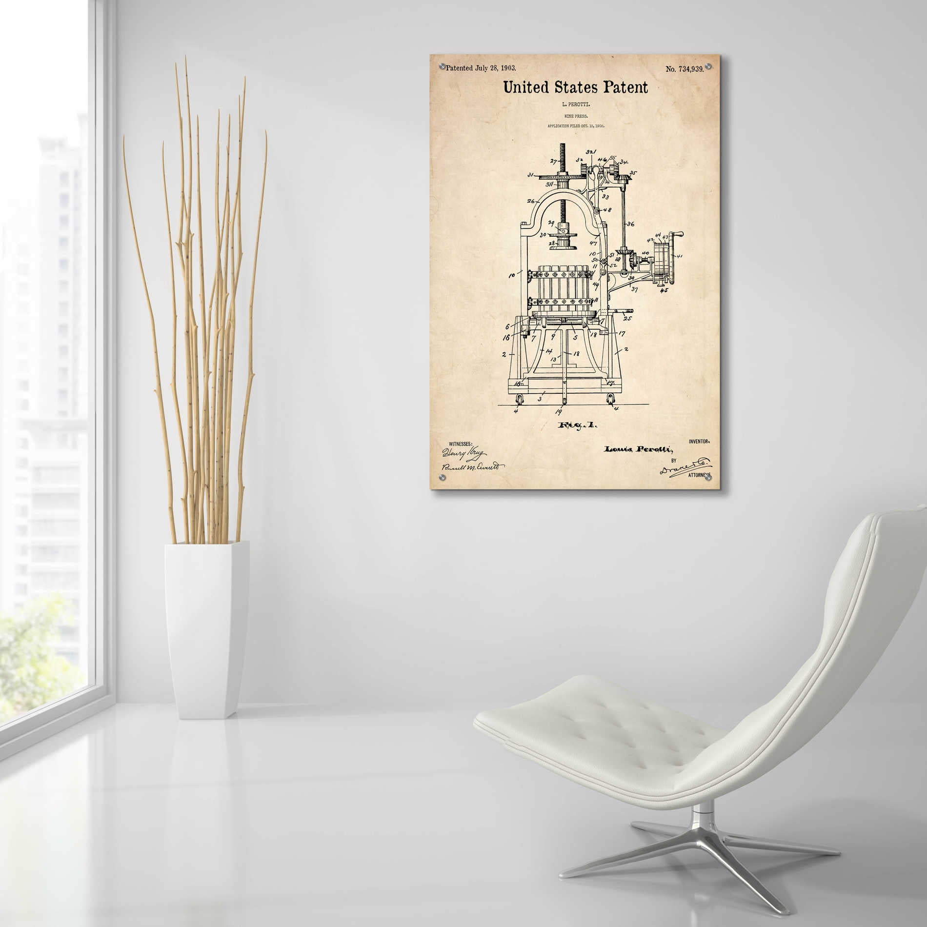 Epic Art 'Wine Press Blueprint Patent Parchment,' Acrylic Glass Wall Art,24x36