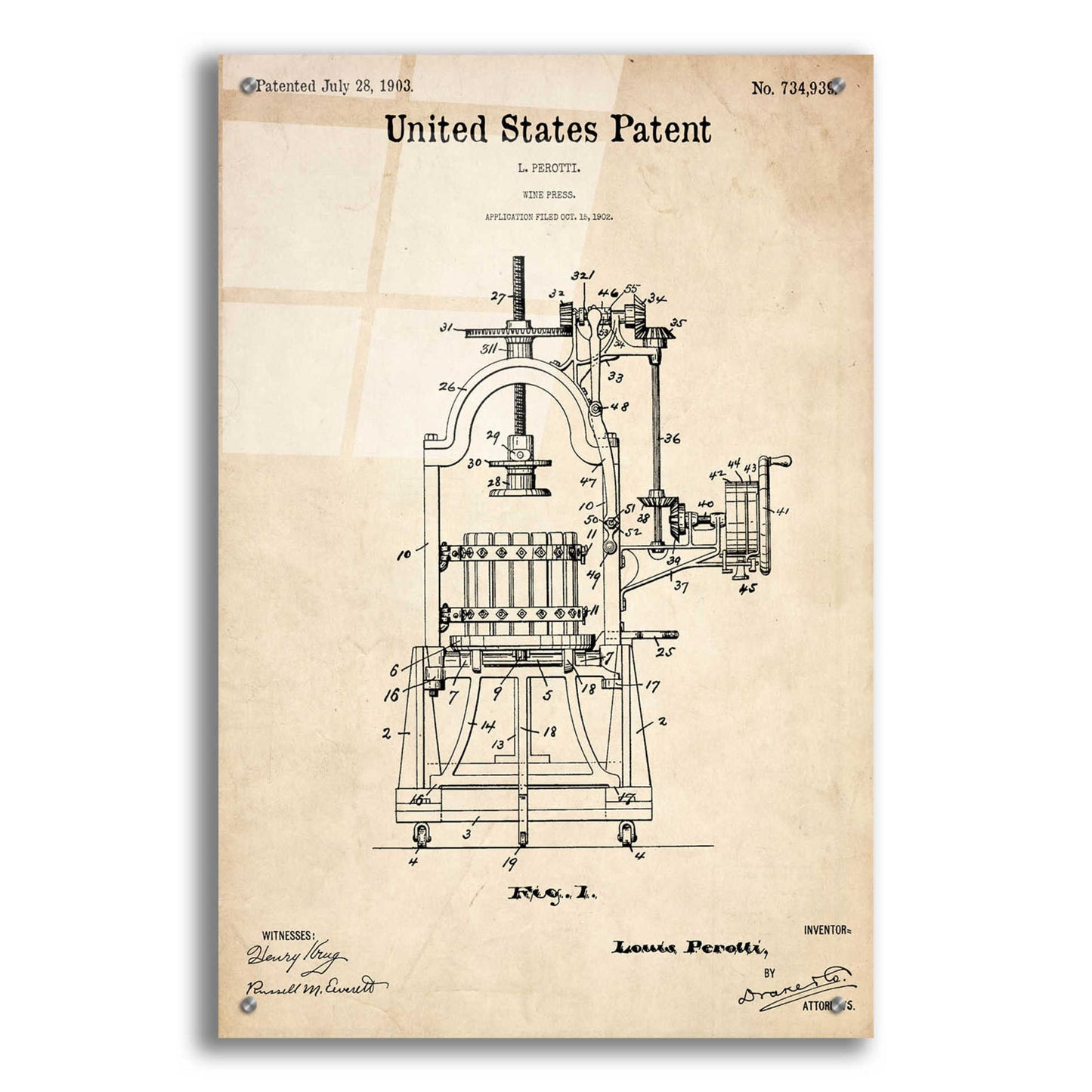 Epic Art 'Wine Press Blueprint Patent Parchment,' Acrylic Glass Wall Art,24x36