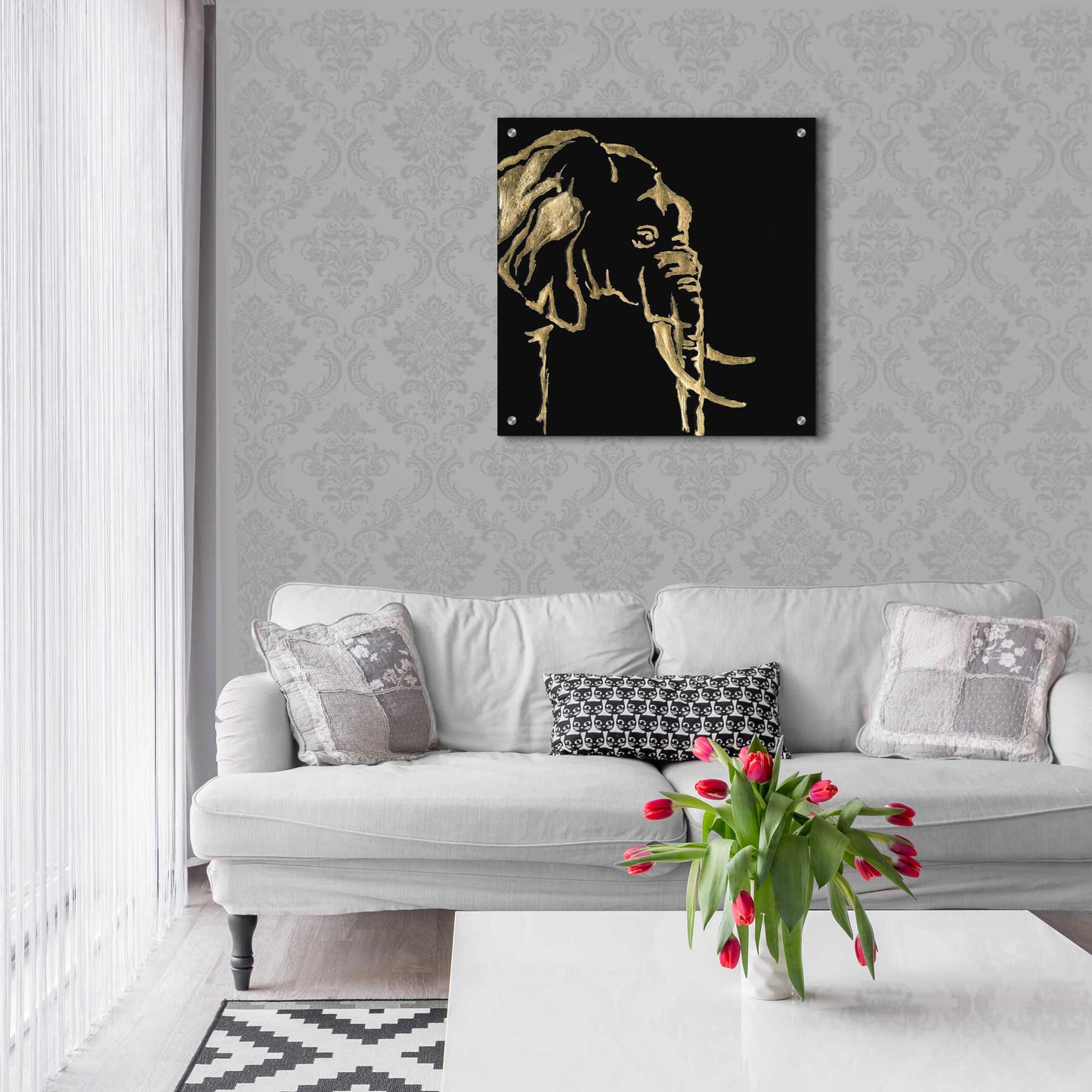 Epic Art 'Gilded Elephant on Black Pillow' by Chris Paschke, Acrylic Glass Wall Art,24x24