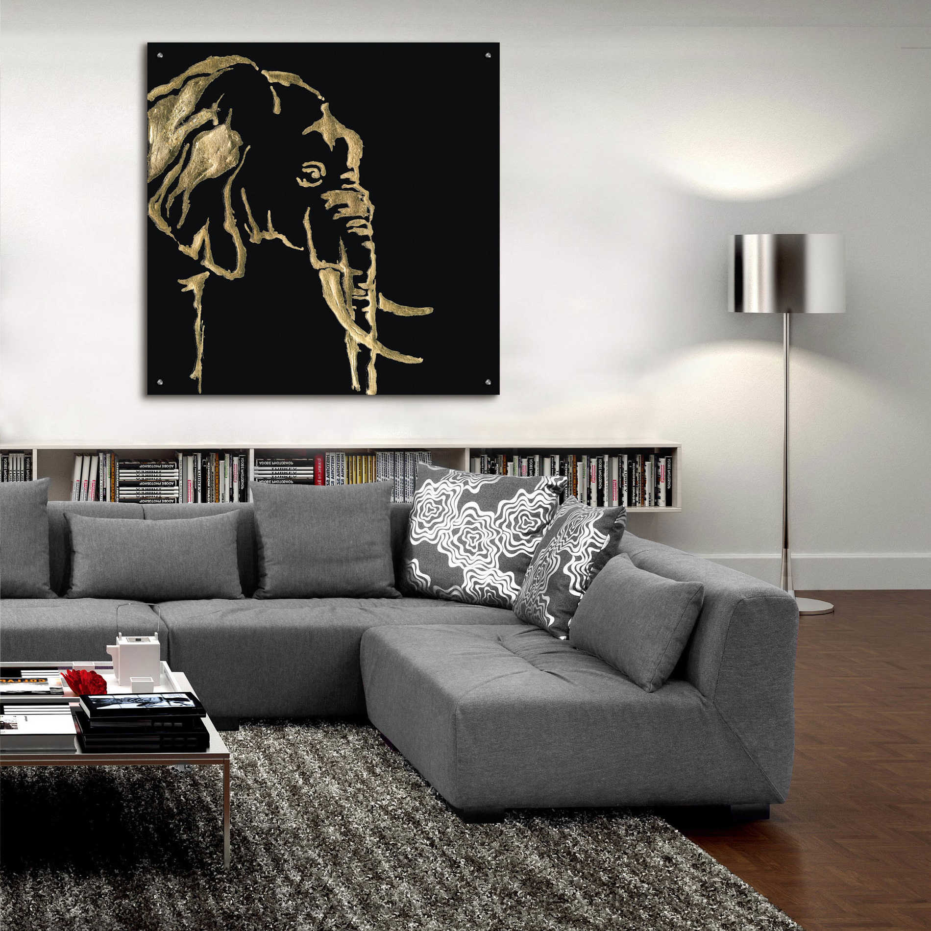 Epic Art 'Gilded Elephant on Black Pillow' by Chris Paschke, Acrylic Glass Wall Art,36x36